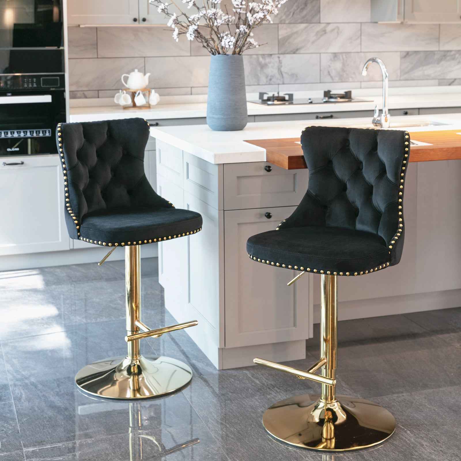 A&A Furniture,Golden Swivel Velvet Barstools Adjusatble Seat Height from 25-33 Inch, Modern Upholstered Bar Stools with Backs Comfortable Tufted for Home Pub and Kitchen Island(Black,Set of 2)