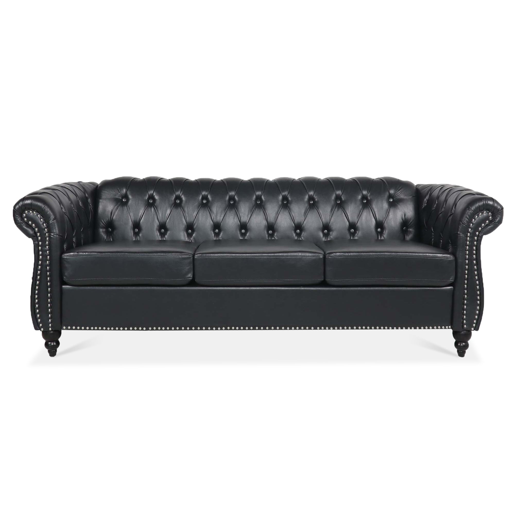 84.65" BLACK PU Rolled Arm Chesterfield Three Seater Sofa. - Abrihome