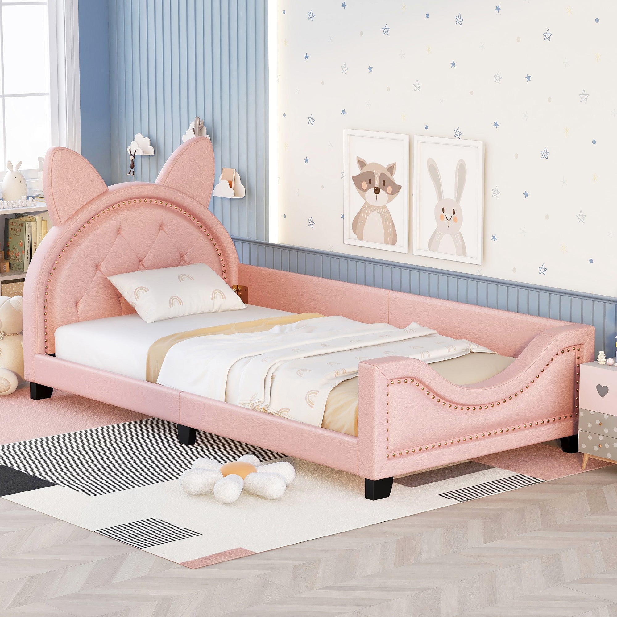 Twin Size Upholstered Daybed with Carton Ears Shaped Headboard, Pink - Abrihome