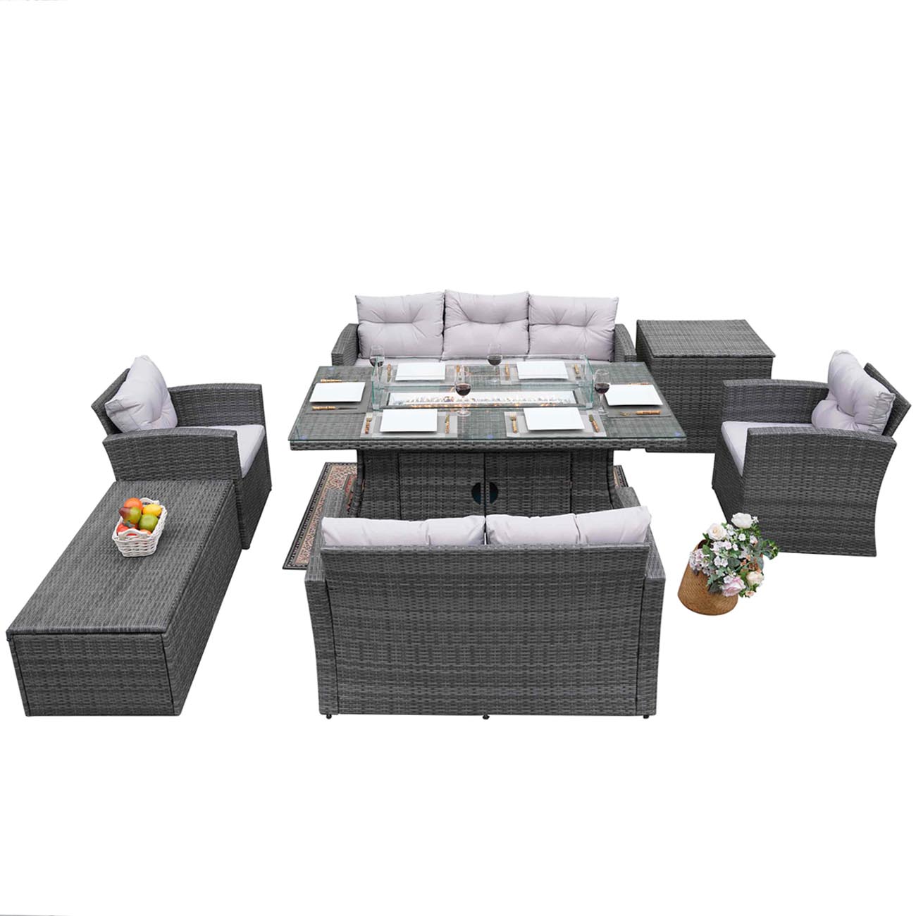 Abrihome Patio Furniture Sofa Set with Rectangular Fire Pit Glass Tabletop