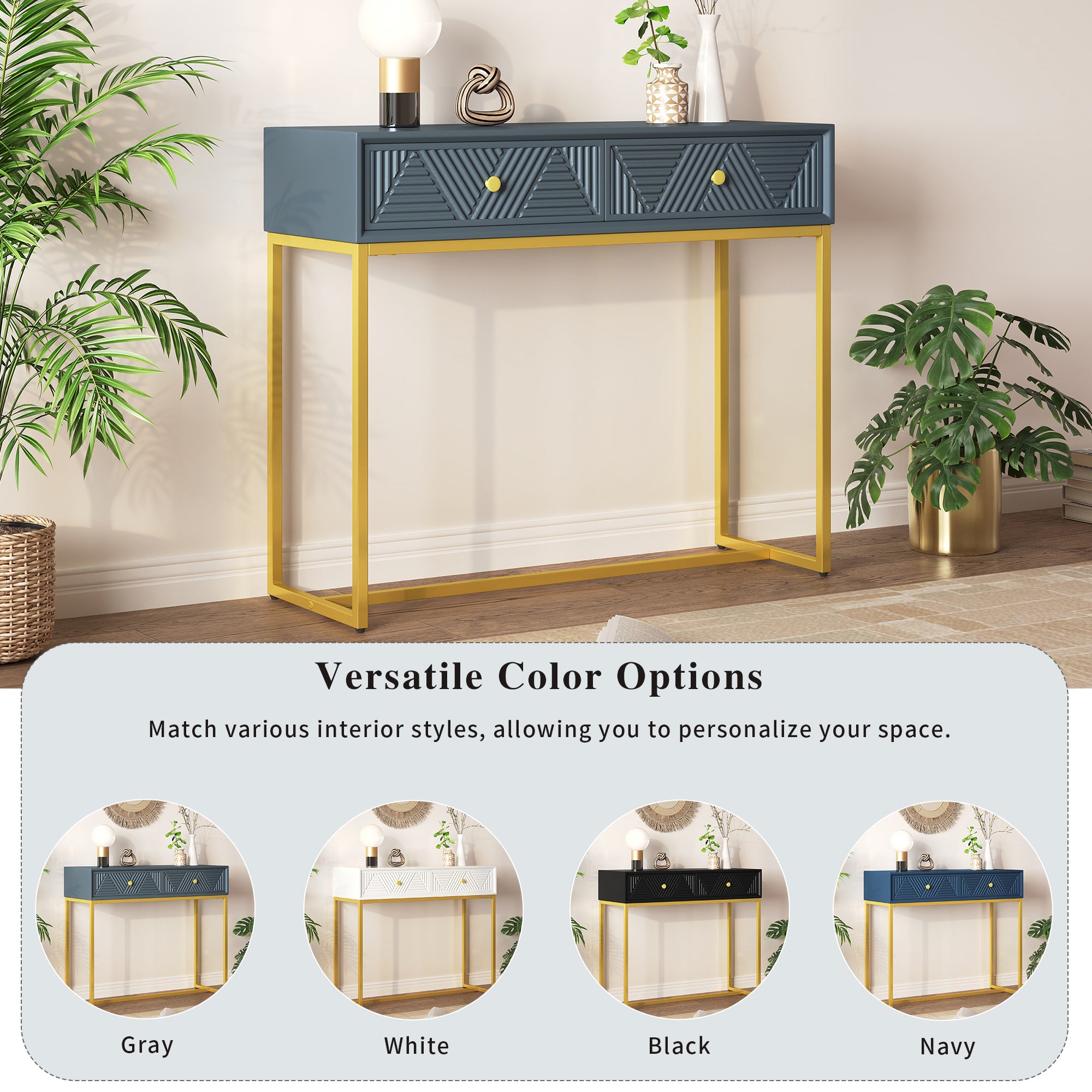 TREXM Modern Sleek Console Table Two Drawers with Stripe Design for Living Room and Entryway (Grey) - Abrihome