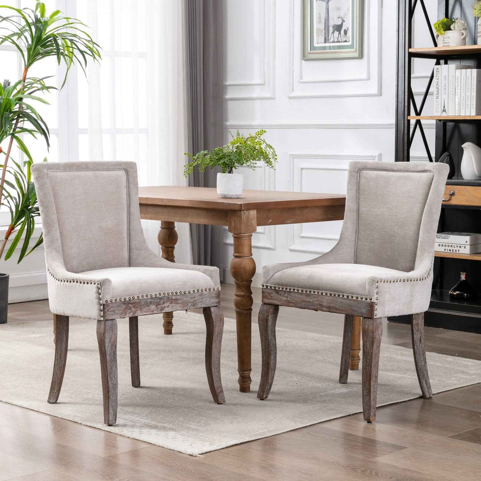 A&A Furniture,Ultra Side Dining Chair,Thickened fabric chairs with neutrally toned solid wood legs, Bronze nail head,Set of 2,Beige