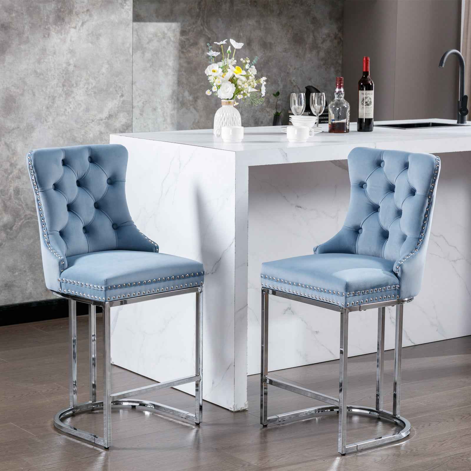 26" Counter Height Bar Stools Set of 2, Modern Velvet Barstools with Button Back&Rivet Trim Upholstered Kitchen Island Chairs with Sturdy Chromed Metal Base Legs Farmhouse Bar Stools,Light Blue,2 Pack
