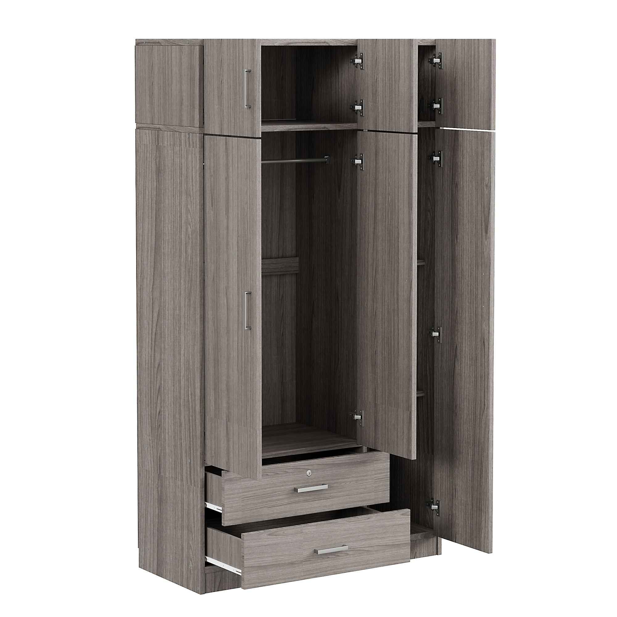 3-Door Mirror Wardrobe with 2 Drawers and Top Cabinet,Gray
