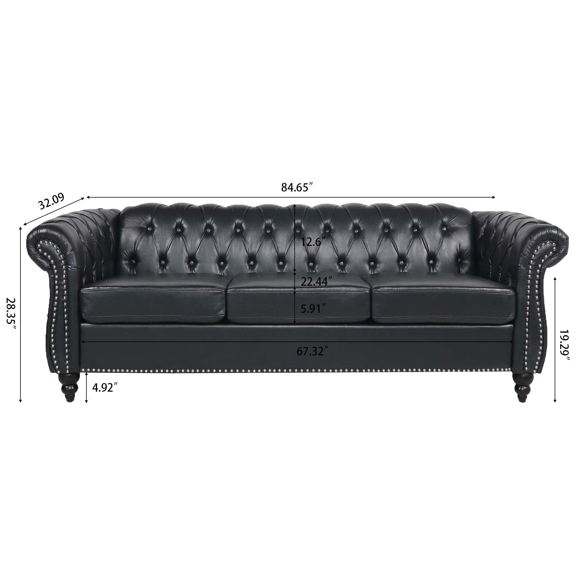 84.65" BLACK PU Rolled Arm Chesterfield Three Seater Sofa. - Abrihome
