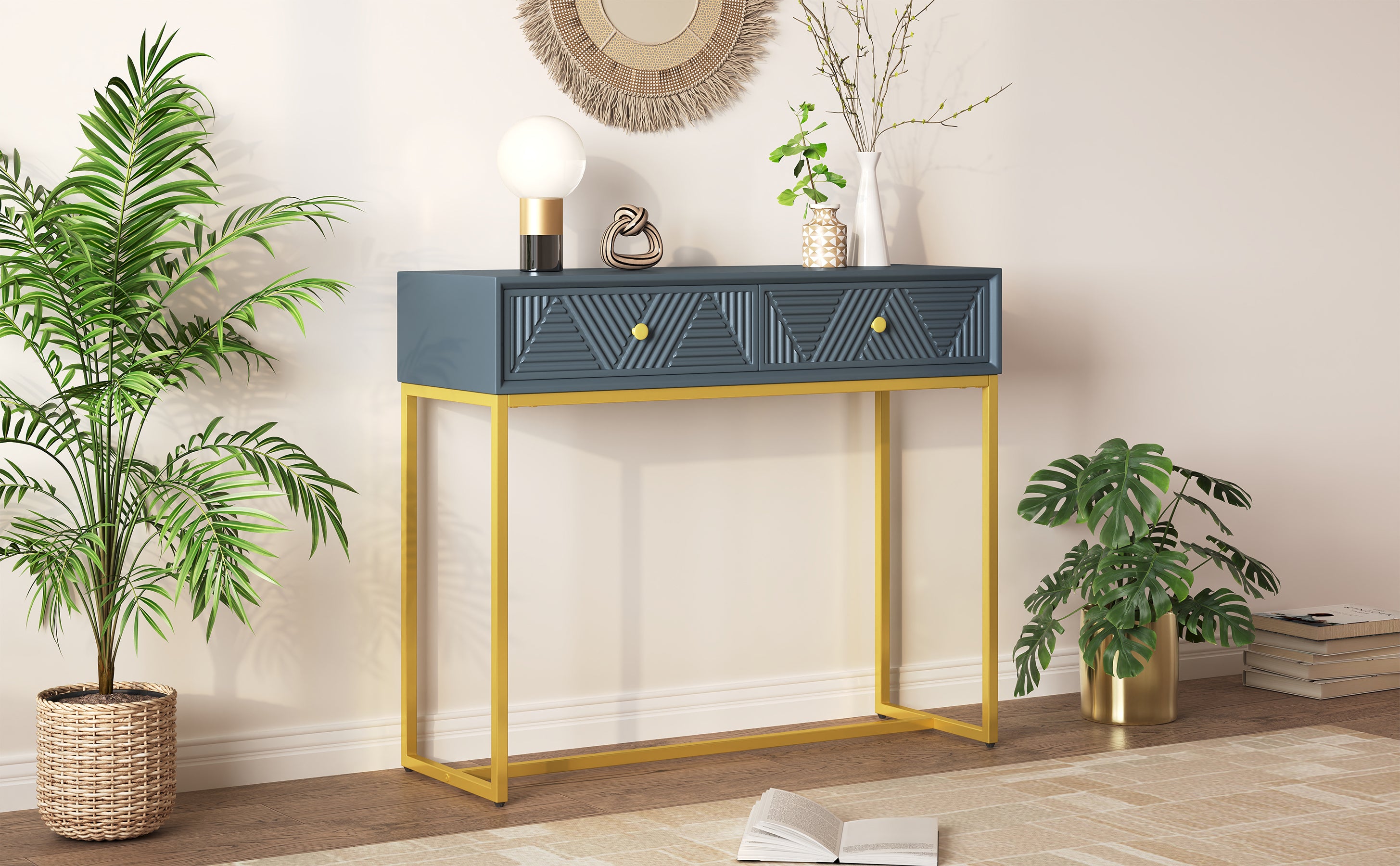 TREXM Modern Sleek Console Table Two Drawers with Stripe Design for Living Room and Entryway (Grey) - Abrihome