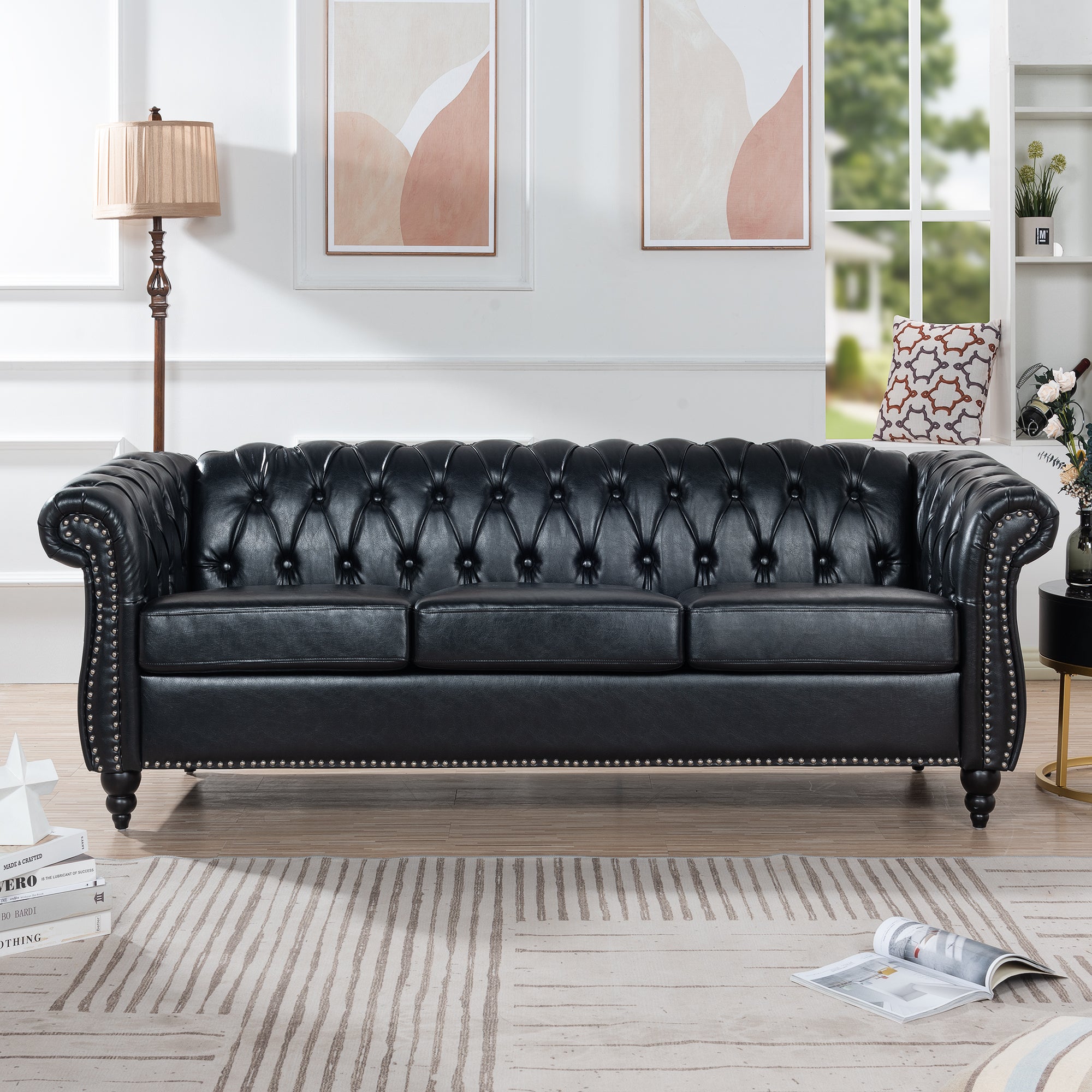 84.65" BLACK PU Rolled Arm Chesterfield Three Seater Sofa. - Abrihome