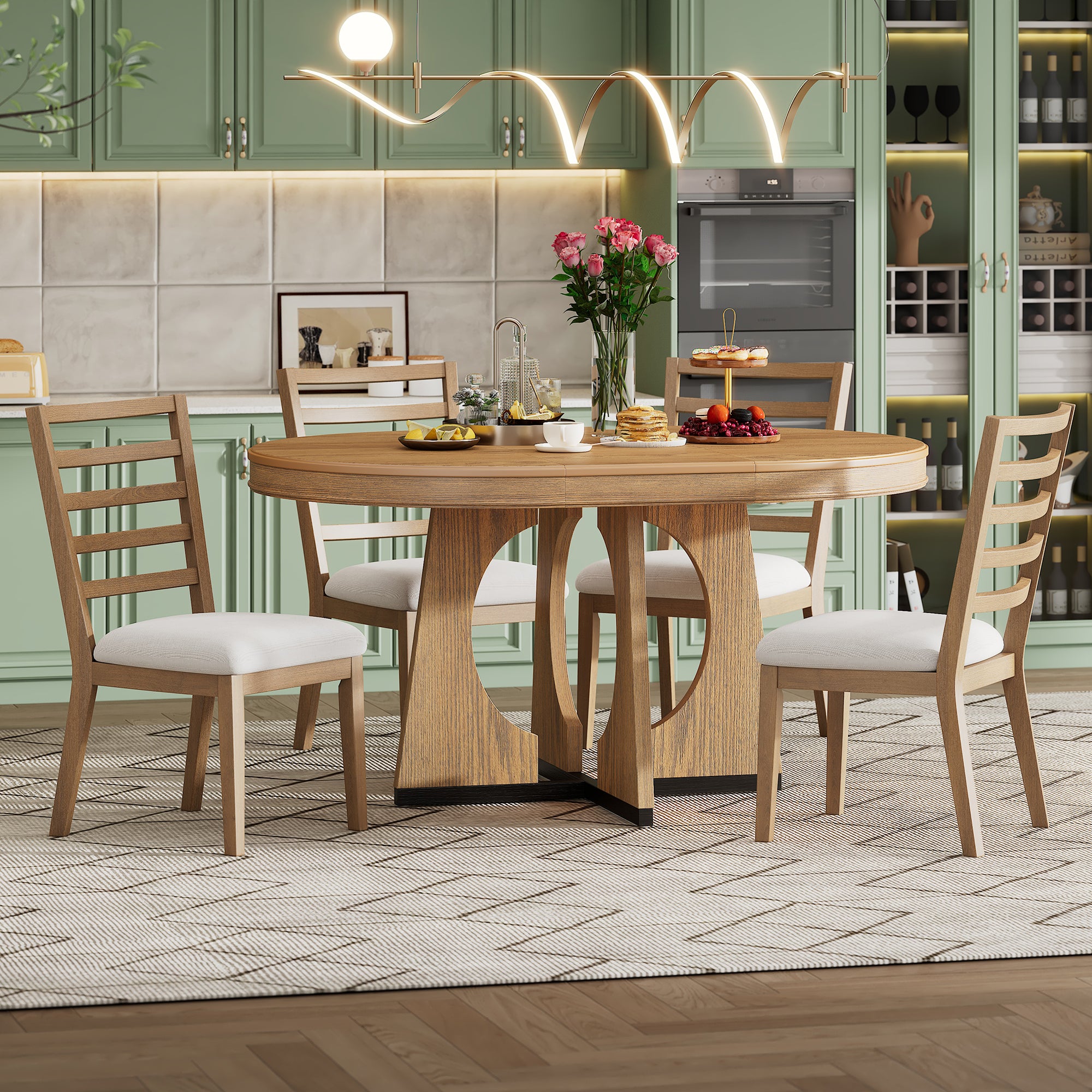 TREXM 5-Piece Retro Rustic Functional Dining Set Unique Geometric Design, 1 Extendable Table with a 16-inch Leaf and 4 Upholstered Chairs Ideal for Dining Room and Kitchen (Natural) - Abrihome