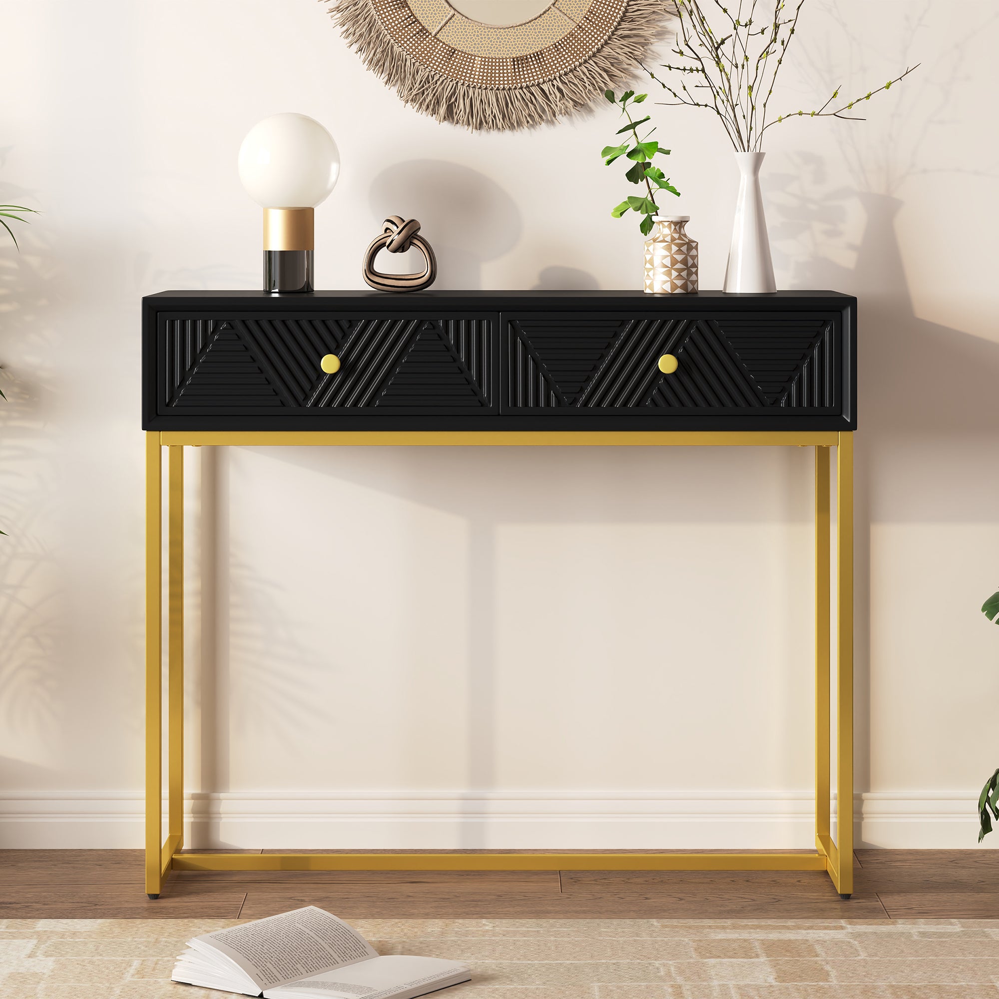 TREXM Modern Sleek Console Table Two Drawers with Stripe Design for Living Room and Entryway (Black) - Abrihome