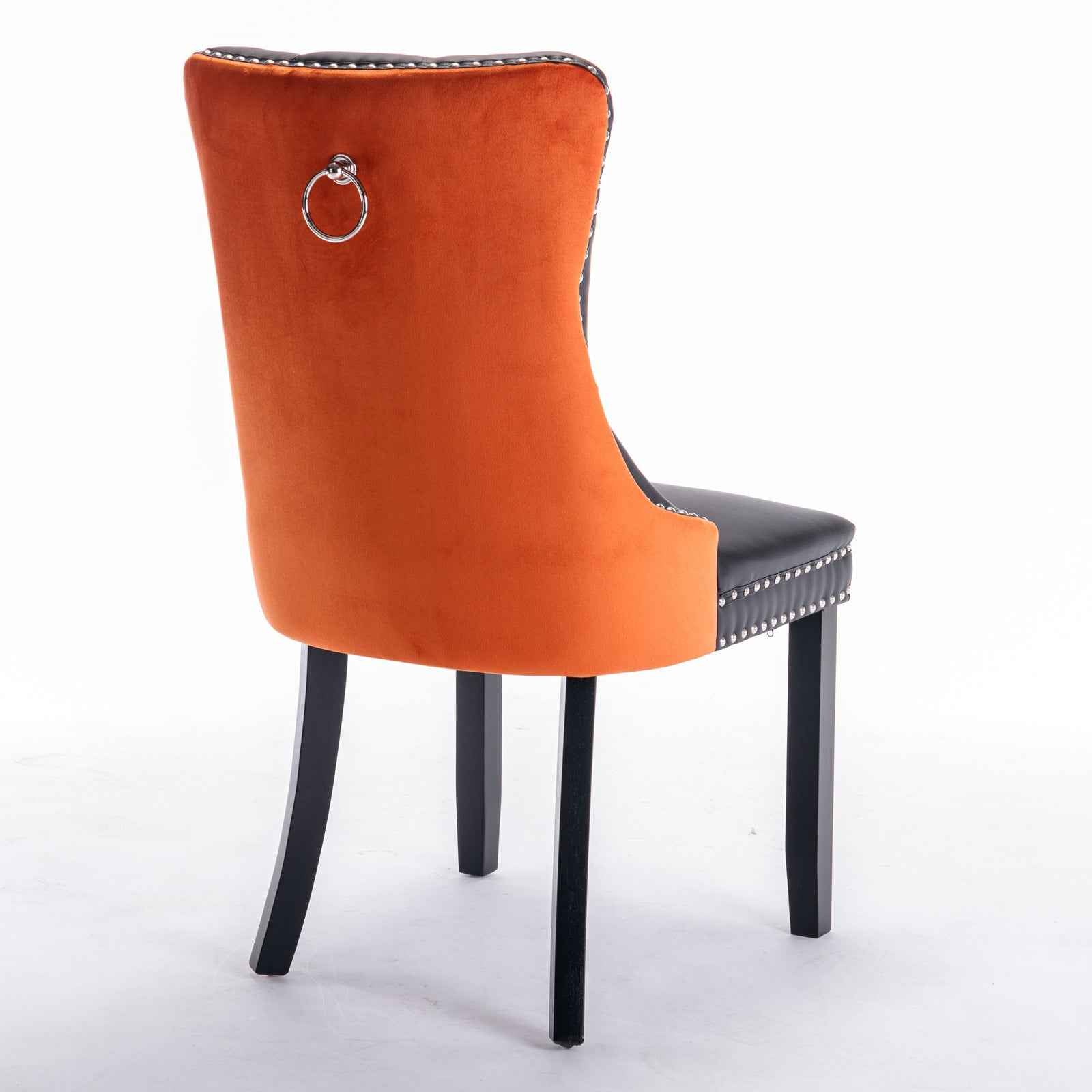 A&A Furniture,Nikki Collection Modern, High-end Tufted Solid Wood Contemporary PU and Velvet Upholstered Dining Chair with Wood Legs Nailhead Trim 2-Pcs Set,Black+Orange, SW2101BO