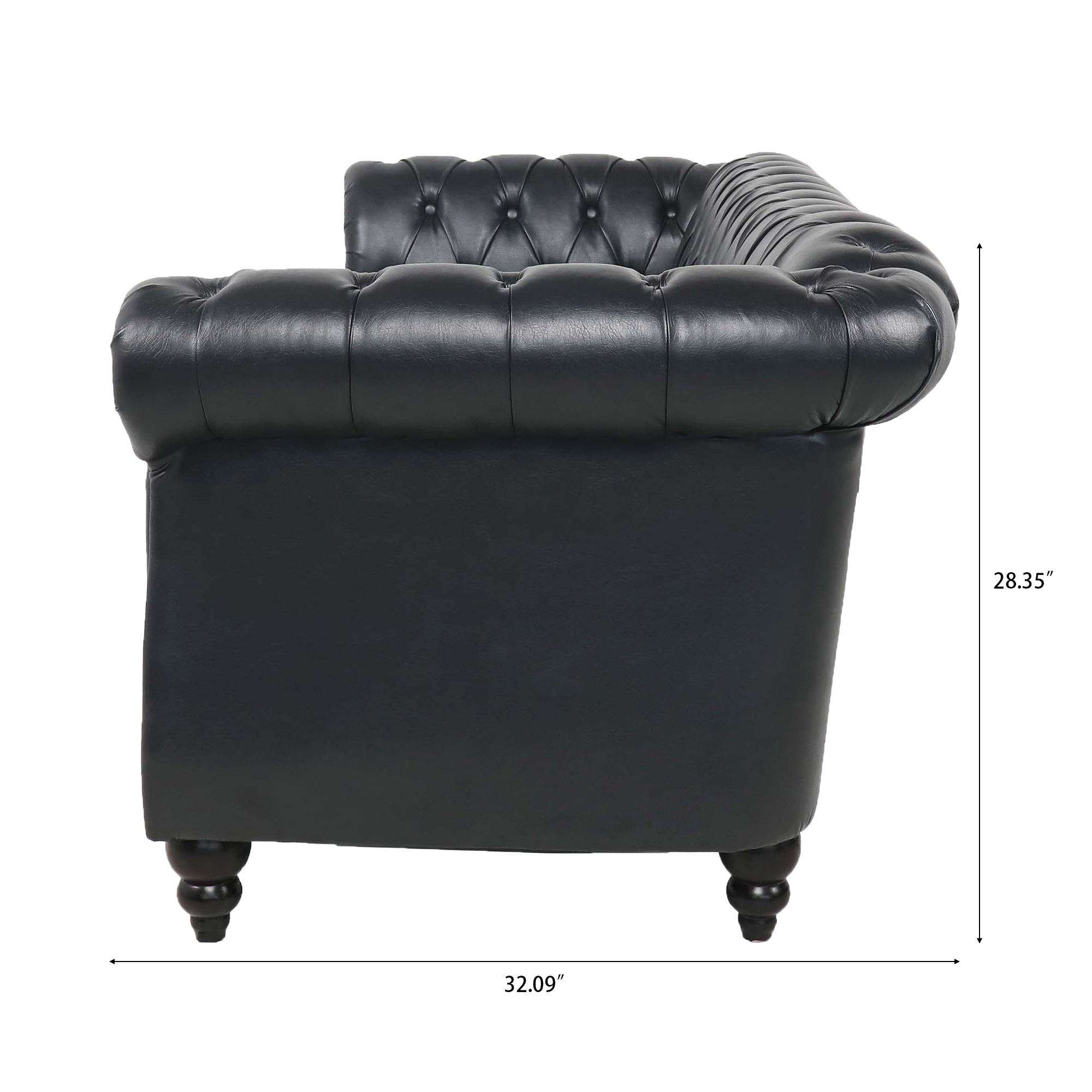 84.65" BLACK PU Rolled Arm Chesterfield Three Seater Sofa. - Abrihome