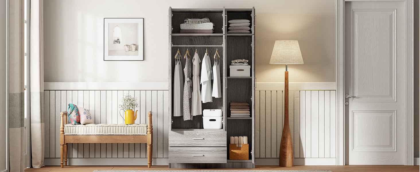 3-Door Mirror Wardrobe with 2 Drawers and Top Cabinet,Gray
