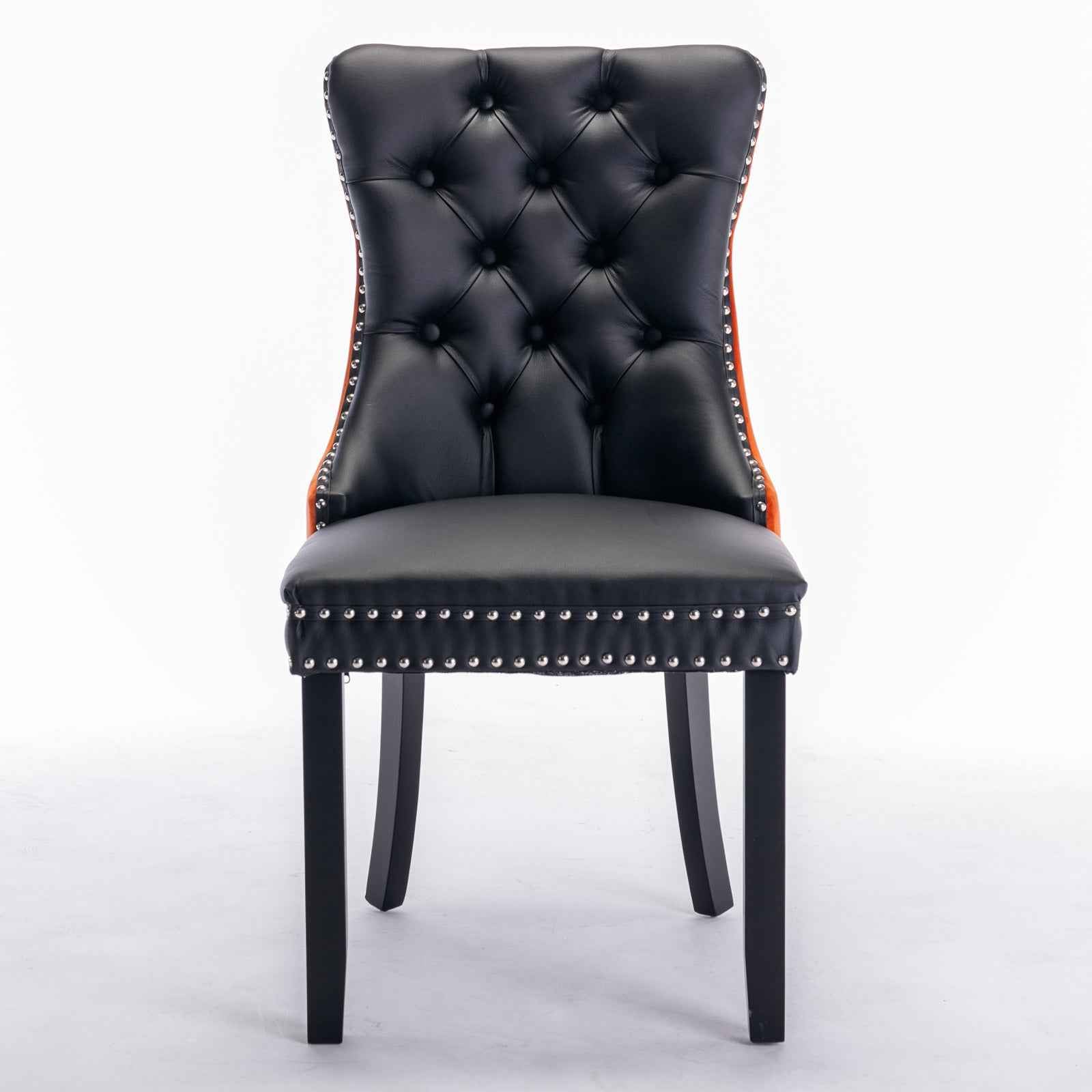 A&A Furniture,Nikki Collection Modern, High-end Tufted Solid Wood Contemporary PU and Velvet Upholstered Dining Chair with Wood Legs Nailhead Trim 2-Pcs Set,Black+Orange, SW2101BO