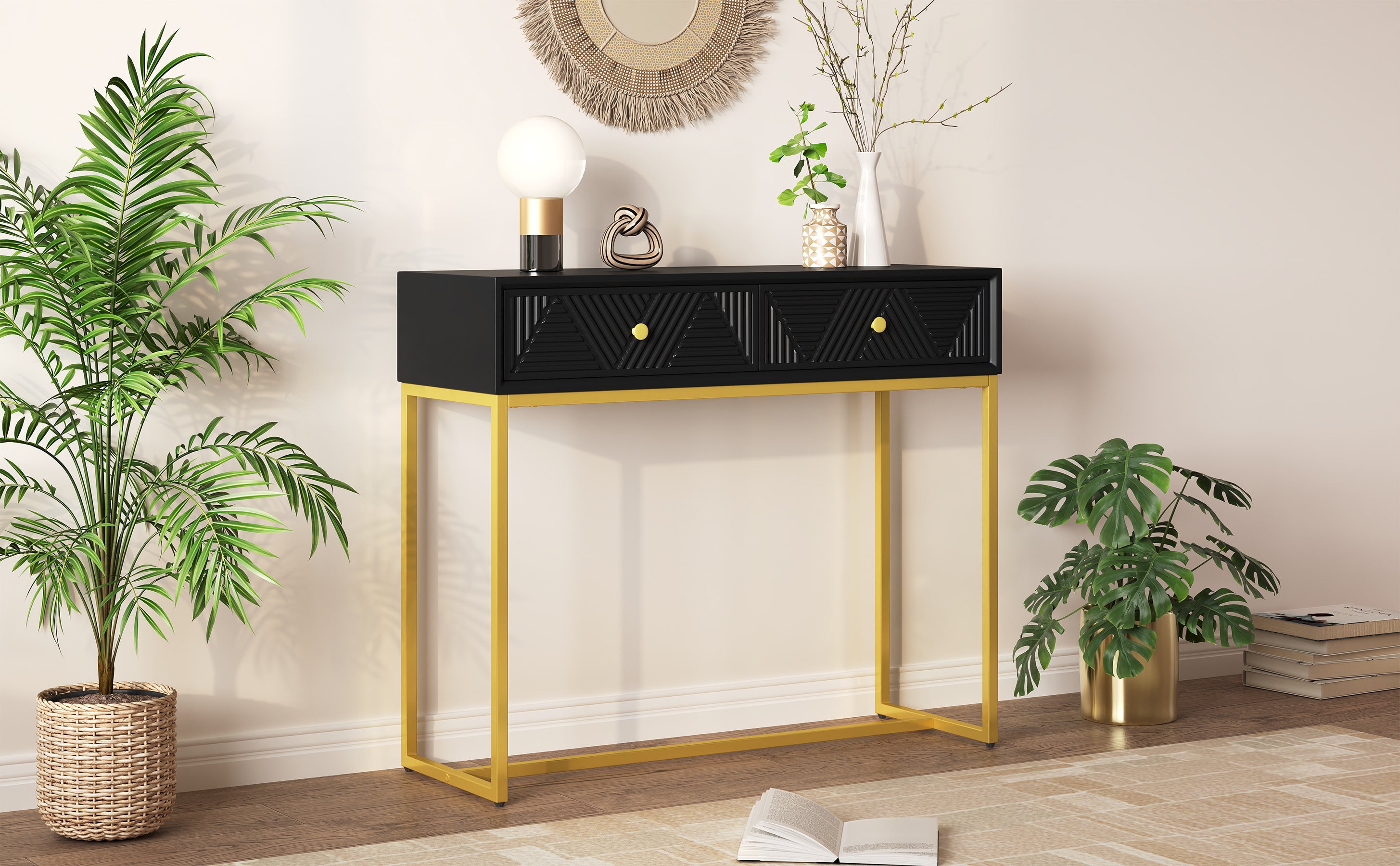 TREXM Modern Sleek Console Table Two Drawers with Stripe Design for Living Room and Entryway (Black) - Abrihome