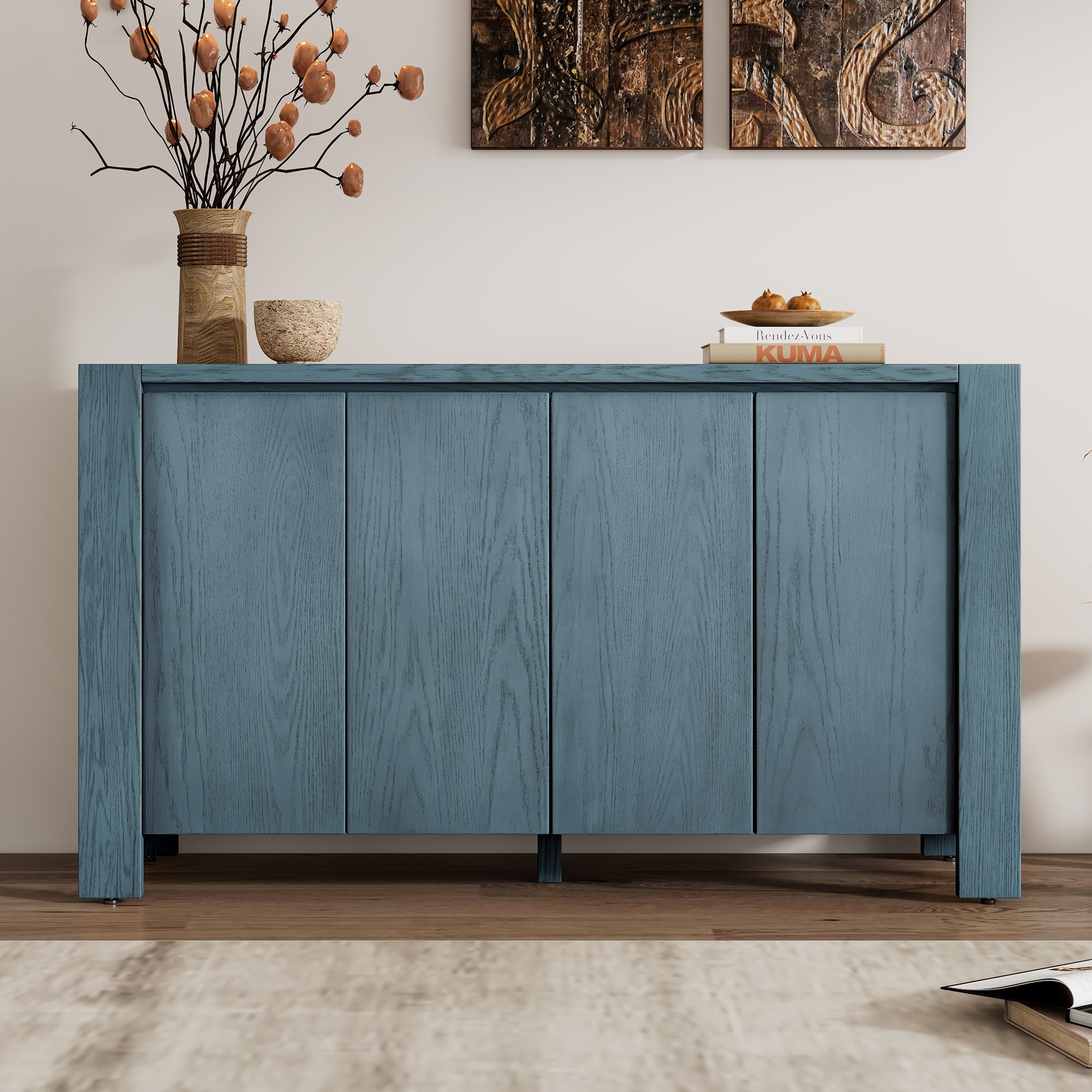 TREXM Retro 4-door Sideboard with Distressed Finish and Adjustable Shelves for Dining Room, Kitchen, and Living Room (Navy) - Abrihome