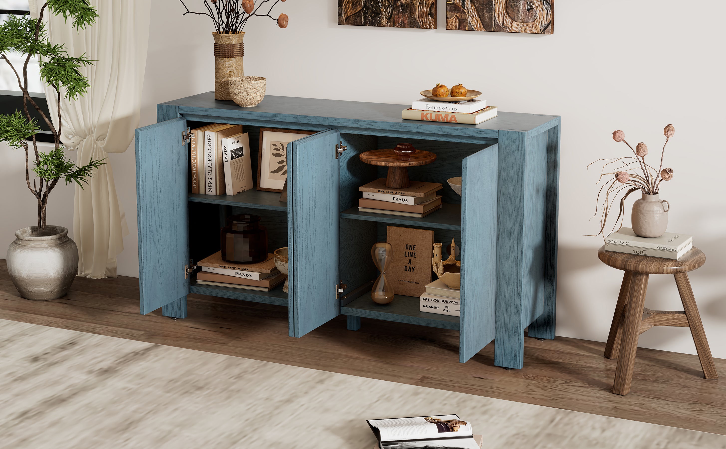 TREXM Retro 4-door Sideboard with Distressed Finish and Adjustable Shelves for Dining Room, Kitchen, and Living Room (Navy) - Abrihome