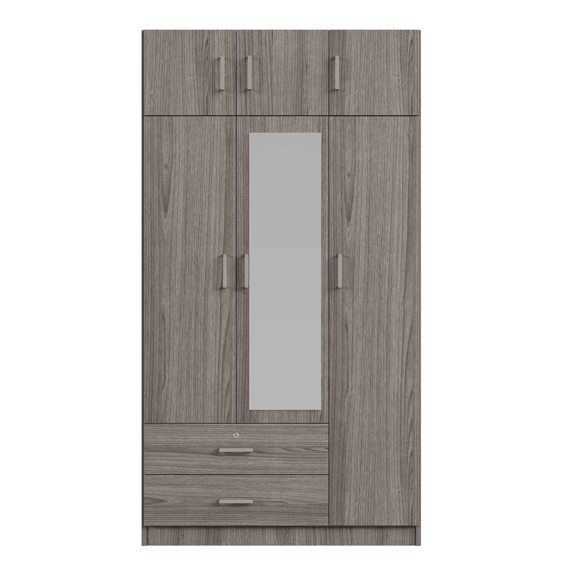 3-Door Mirror Wardrobe with 2 Drawers and Top Cabinet,Gray