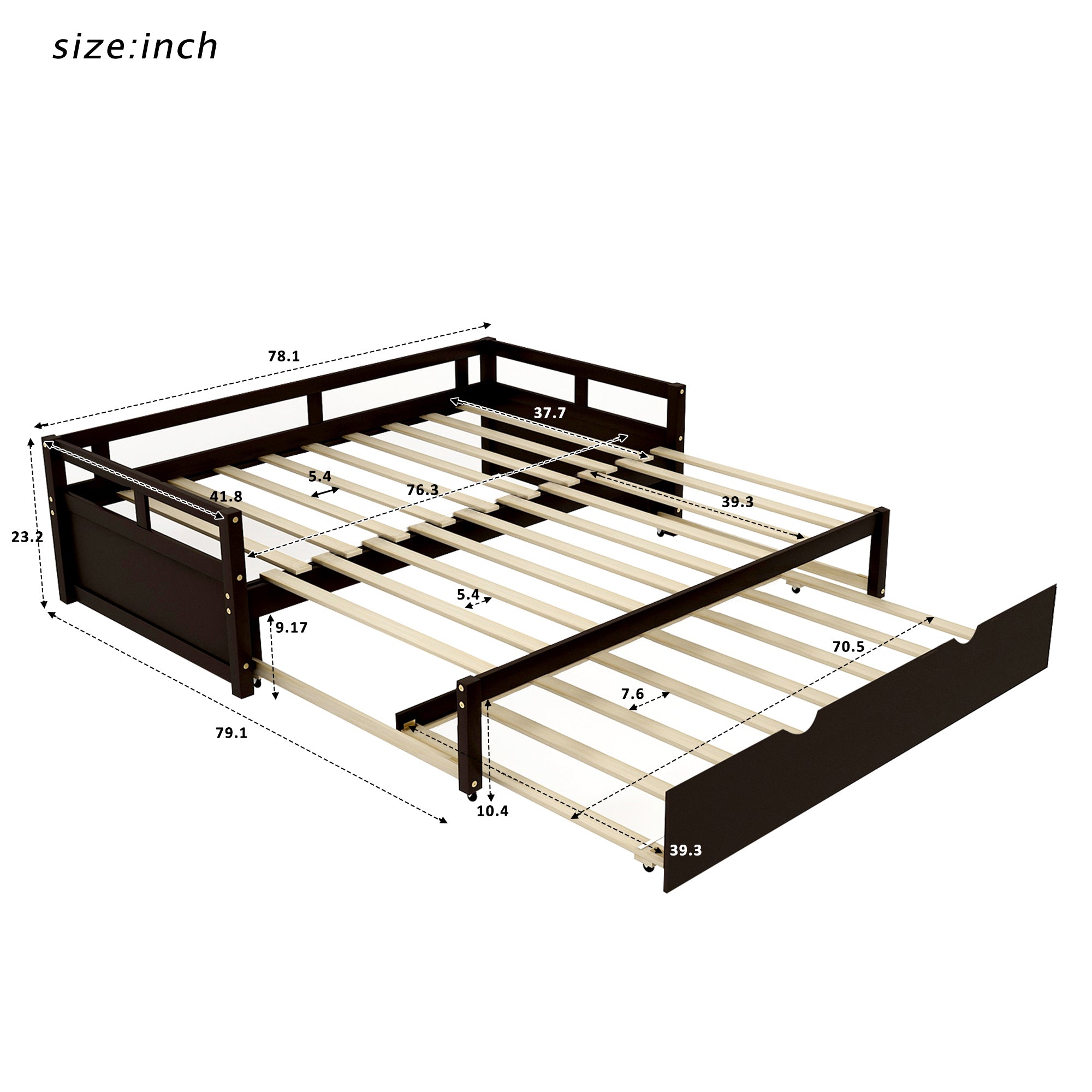 Extending Daybed with Trundle, Wooden Daybed with Trundle, Espresso - Abrihome