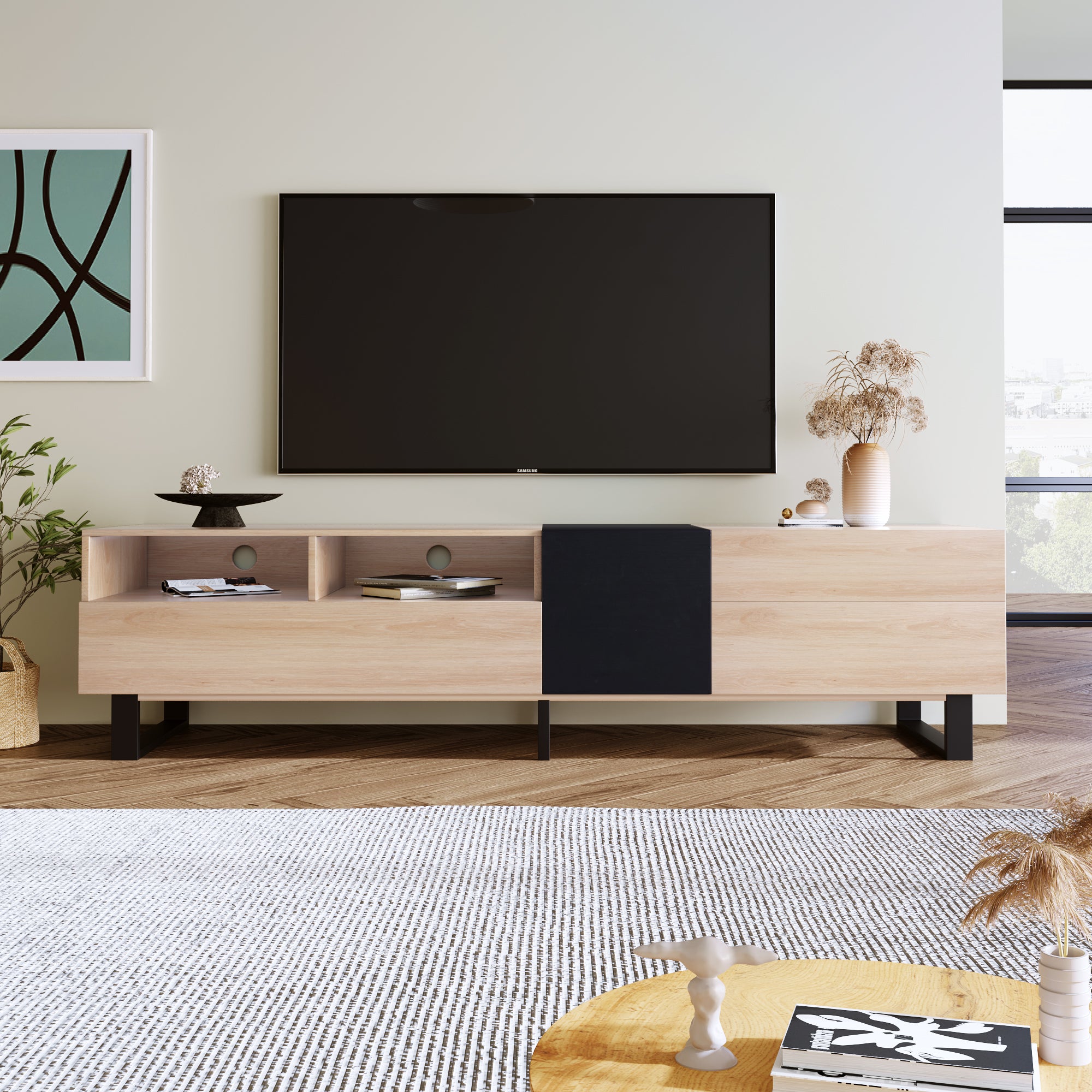 Modern TV Stand for 80'' TV with Double Storage Space, Media Console Table, Entertainment Center with Drop Down Door for Living Room, Bedroom, Home Theatre - Abrihome