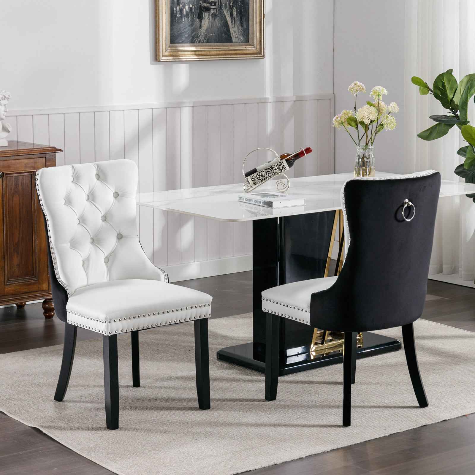A&A Furniture,Nikki Collection Modern, High-end Tufted Solid Wood Contemporary PU and Velvet Upholstered Dining Chair with Wood Legs Nailhead Trim 2-Pcs Set,White+Black, SW2101WB