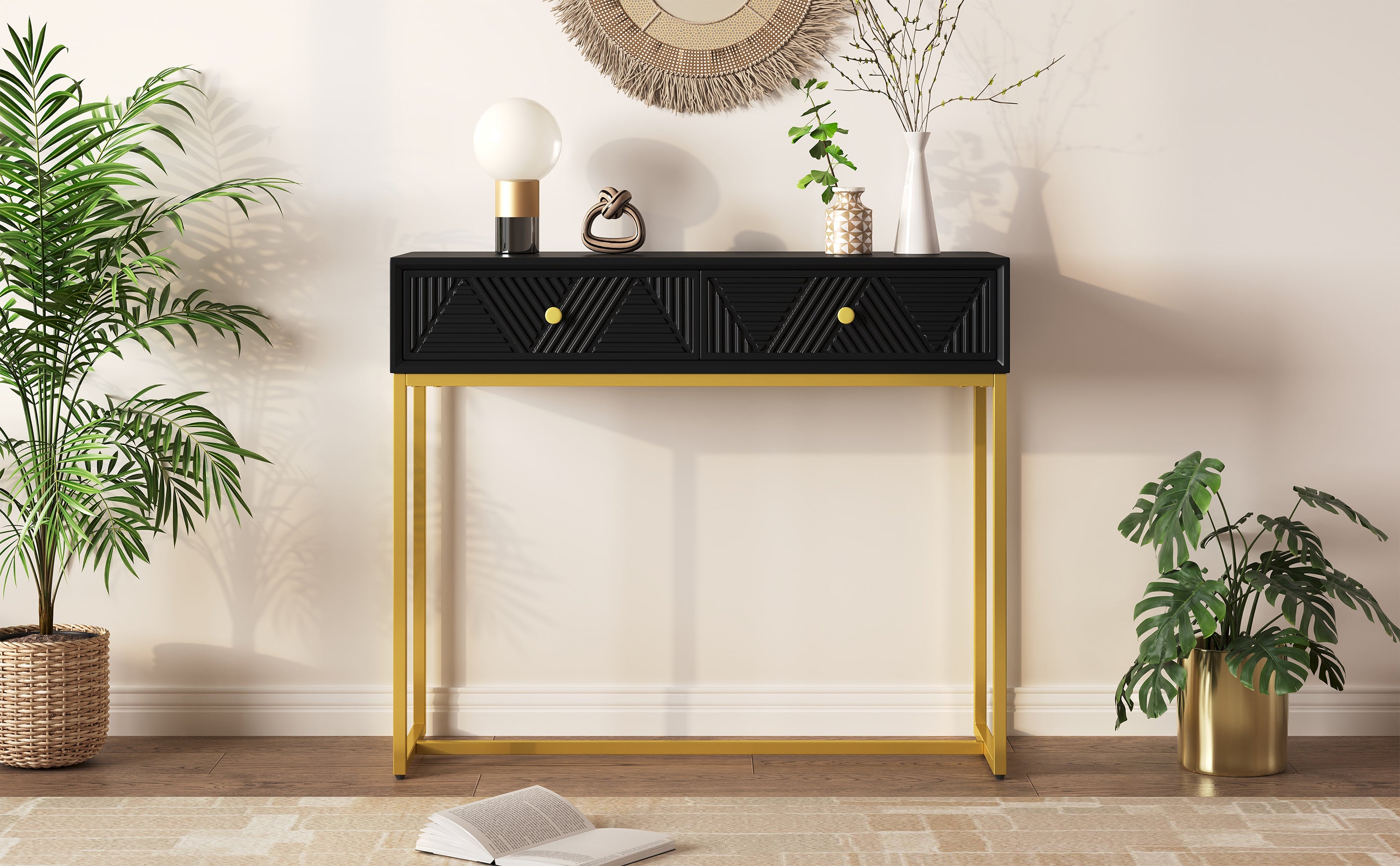 TREXM Modern Sleek Console Table Two Drawers with Stripe Design for Living Room and Entryway (Black) - Abrihome