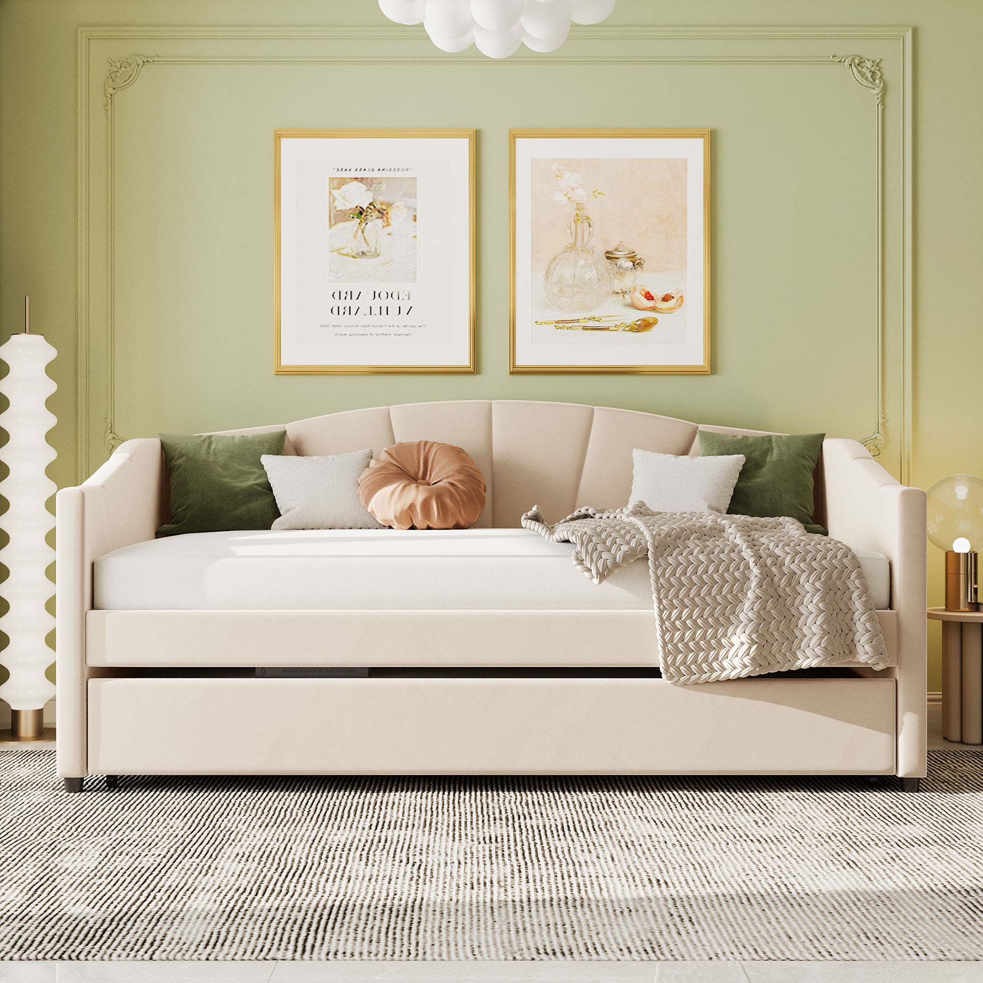 Upholstered Daybed Sofa Bed Twin Size With Trundle Bed and Wood Slat ,Beige - Abrihome