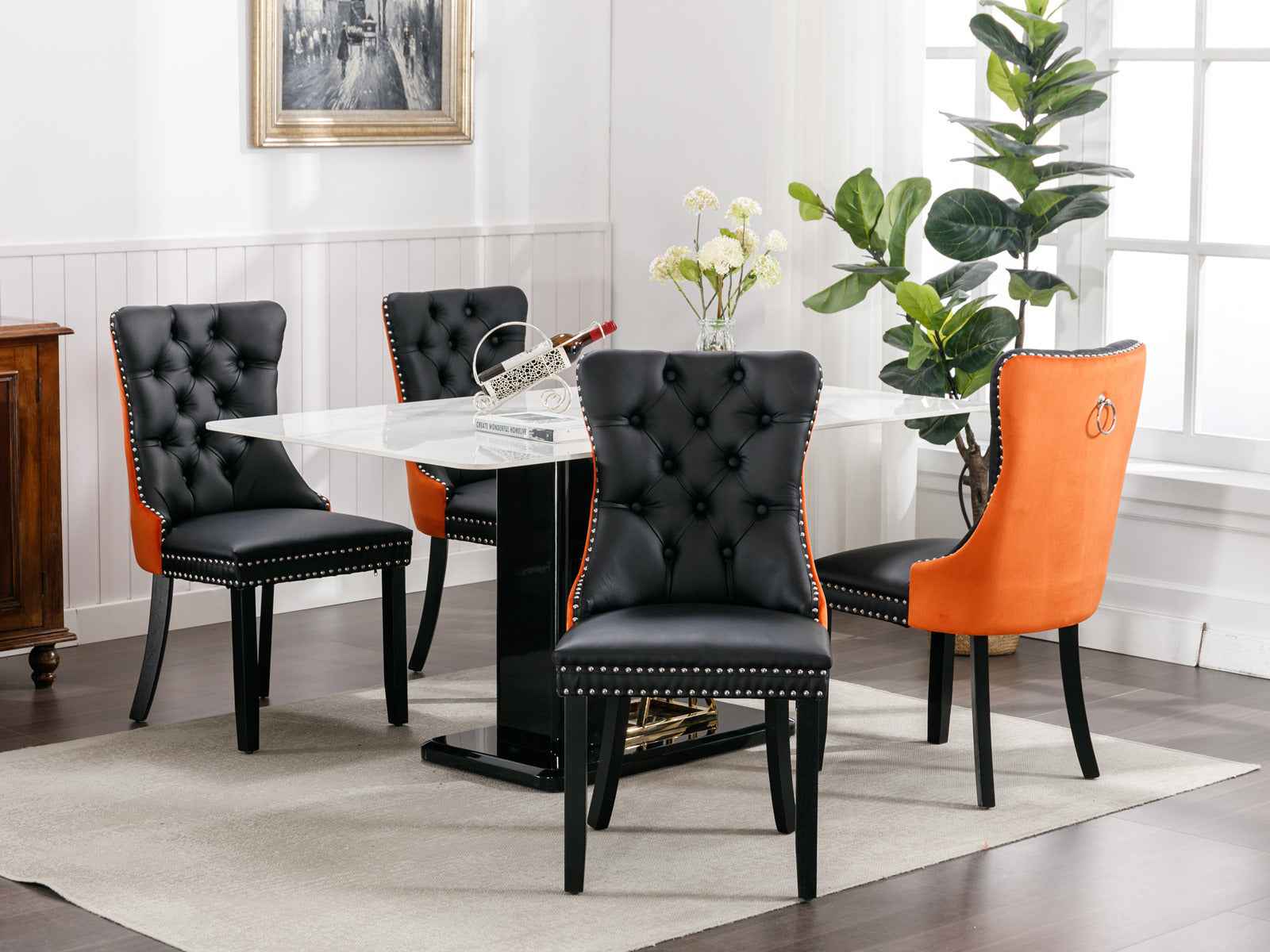 A&A Furniture,Nikki Collection Modern, High-end Tufted Solid Wood Contemporary PU and Velvet Upholstered Dining Chair with Wood Legs Nailhead Trim 2-Pcs Set,Black+Orange, SW2101BO