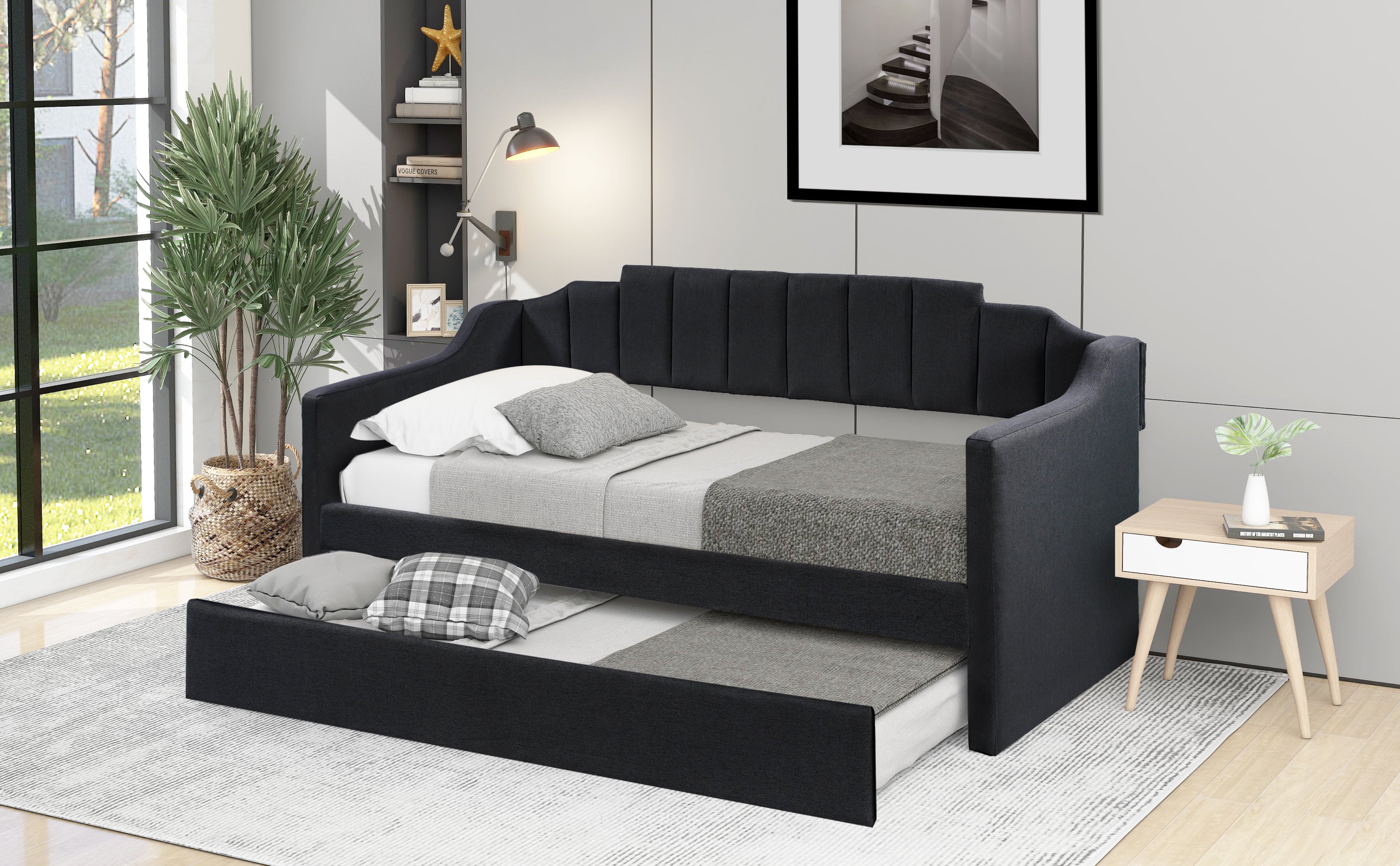 Upholstered Twin Daybed with Trundle,Black - Abrihome