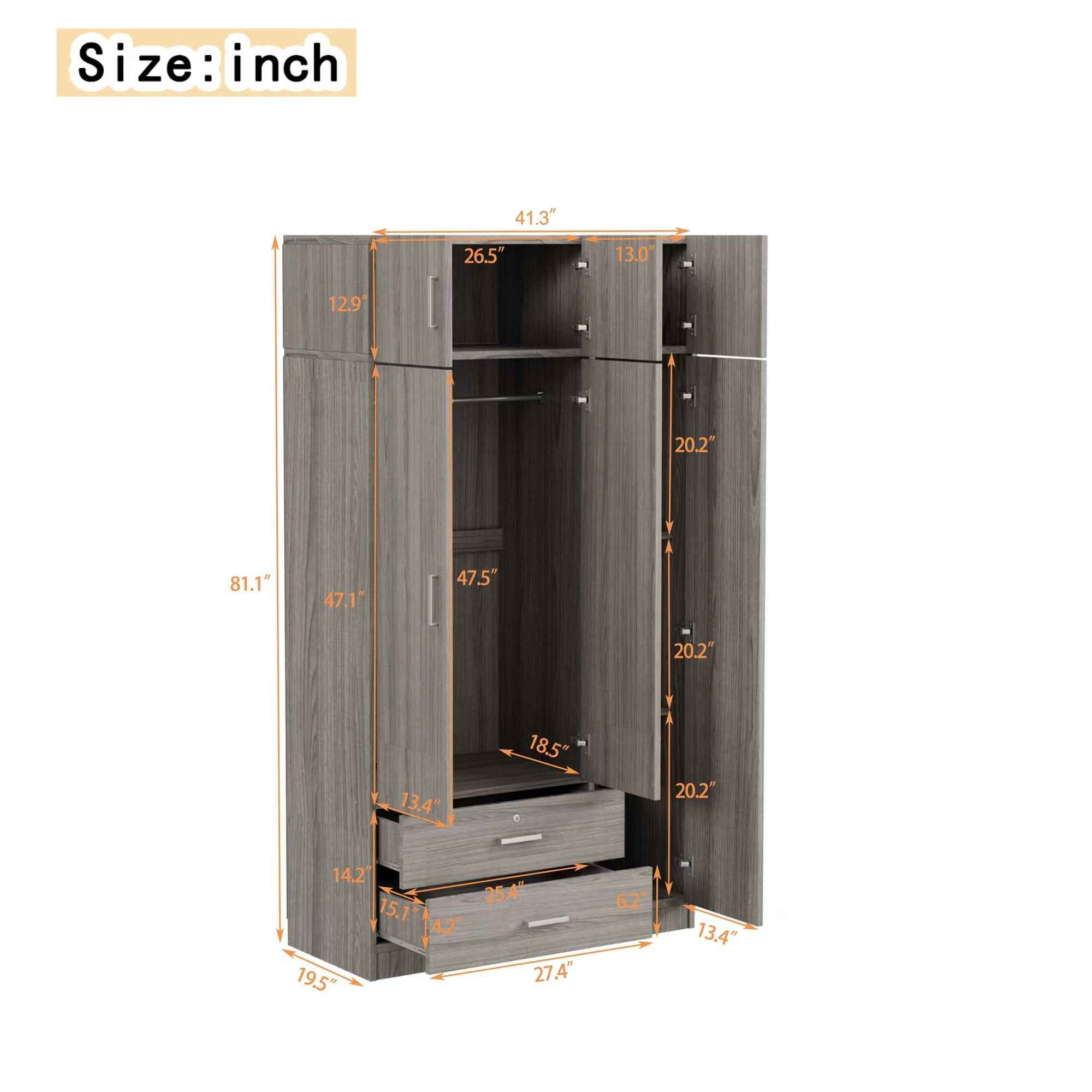 3-Door Mirror Wardrobe with 2 Drawers and Top Cabinet,Gray