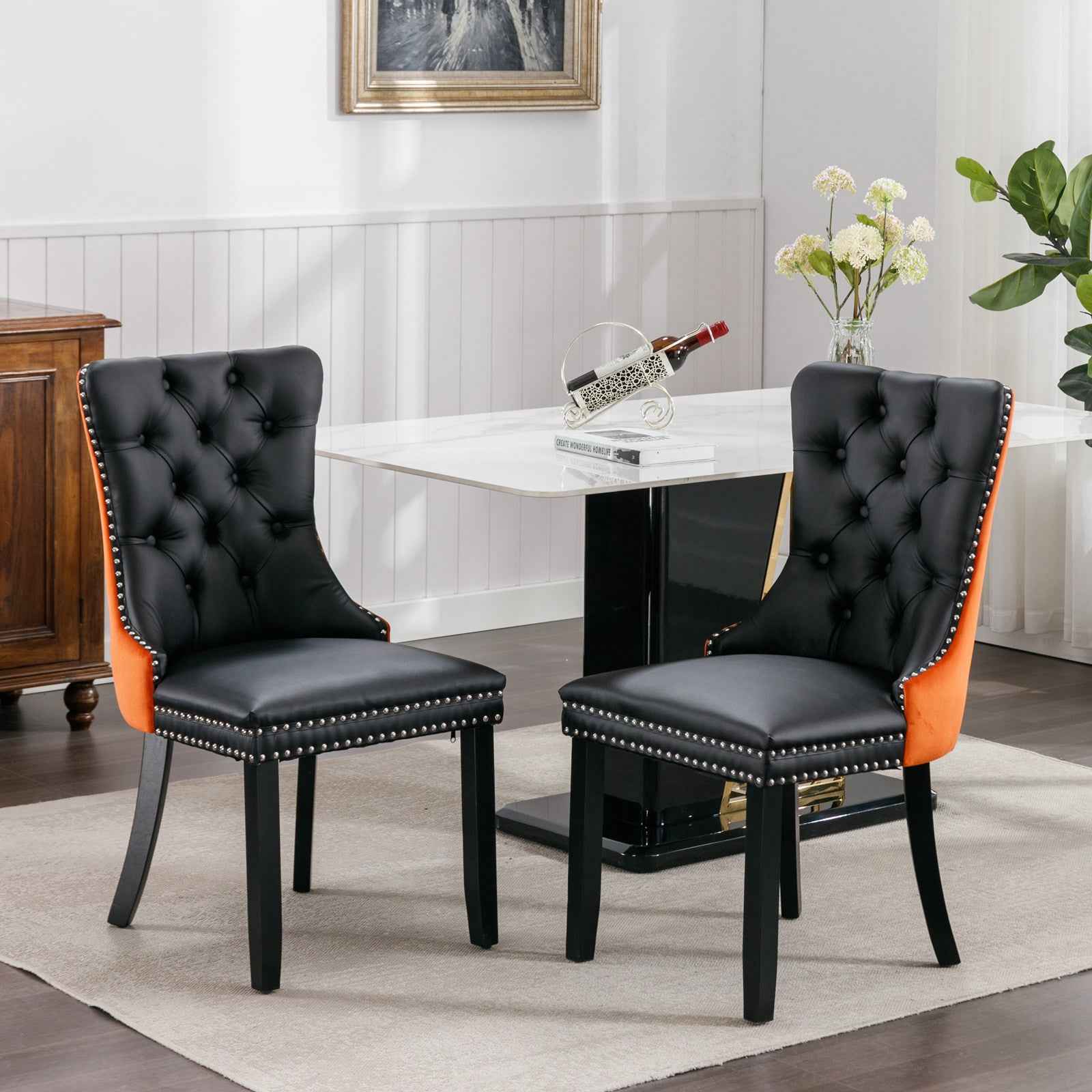 A&A Furniture,Nikki Collection Modern, High-end Tufted Solid Wood Contemporary PU and Velvet Upholstered Dining Chair with Wood Legs Nailhead Trim 2-Pcs Set,Black+Orange, SW2101BO