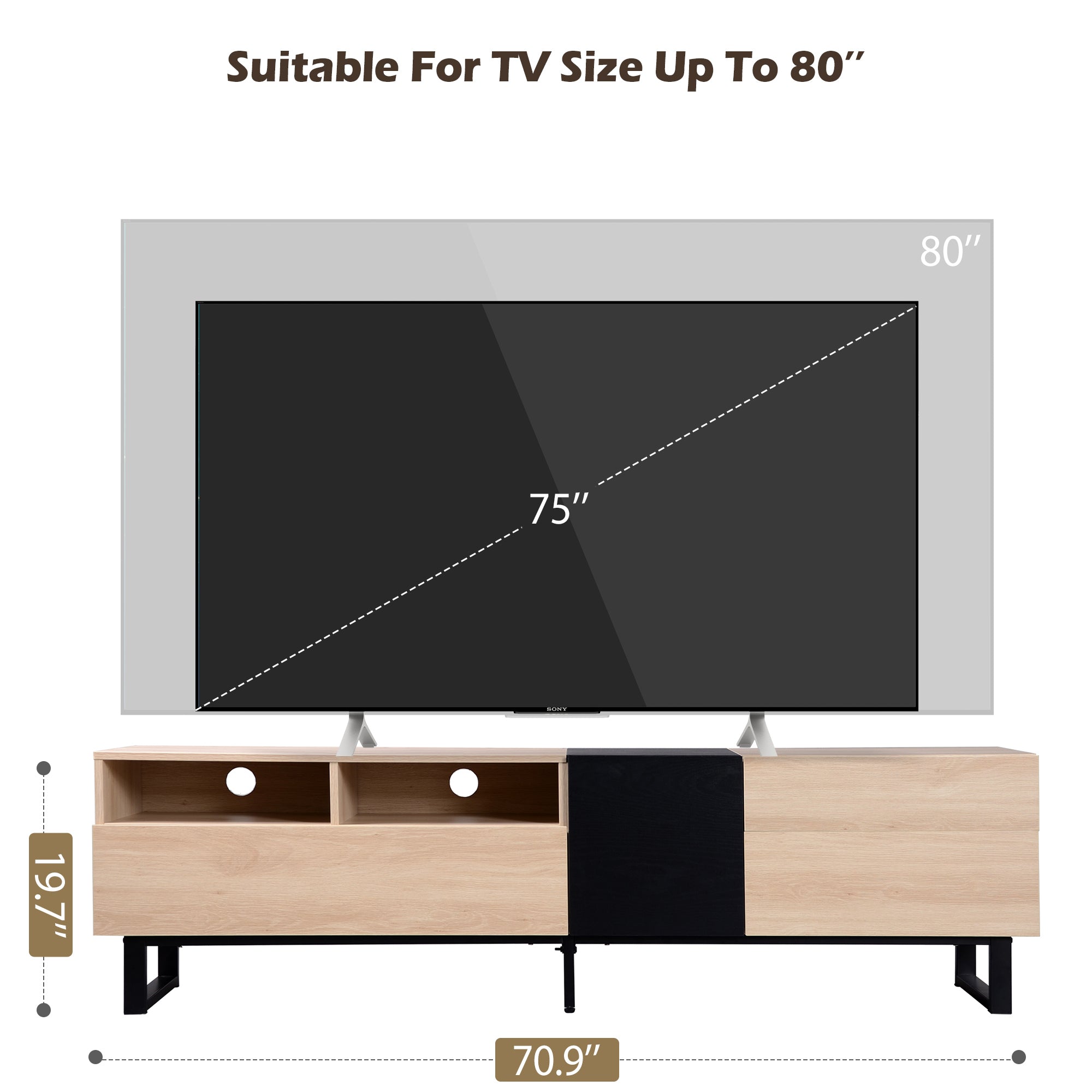 Modern TV Stand for 80'' TV with Double Storage Space, Media Console Table, Entertainment Center with Drop Down Door for Living Room, Bedroom, Home Theatre - Abrihome