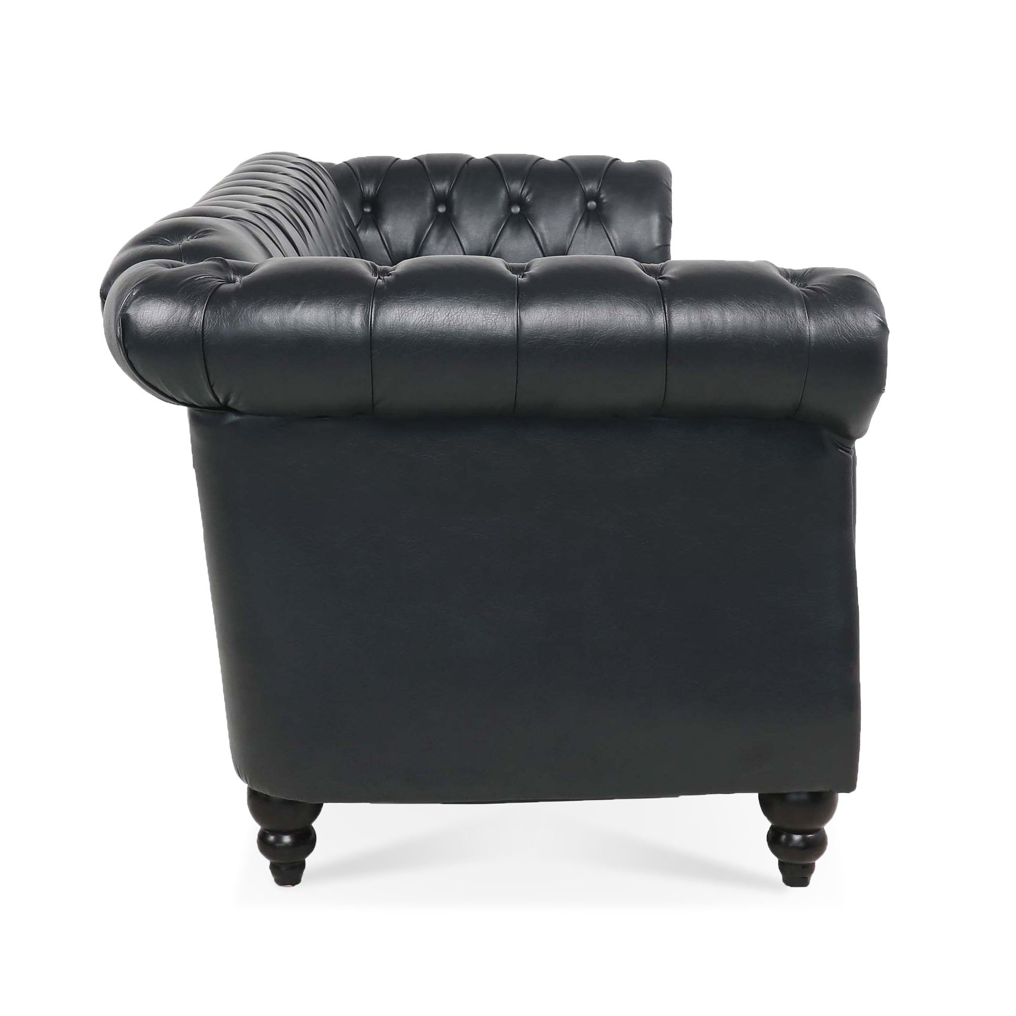 84.65" BLACK PU Rolled Arm Chesterfield Three Seater Sofa. - Abrihome
