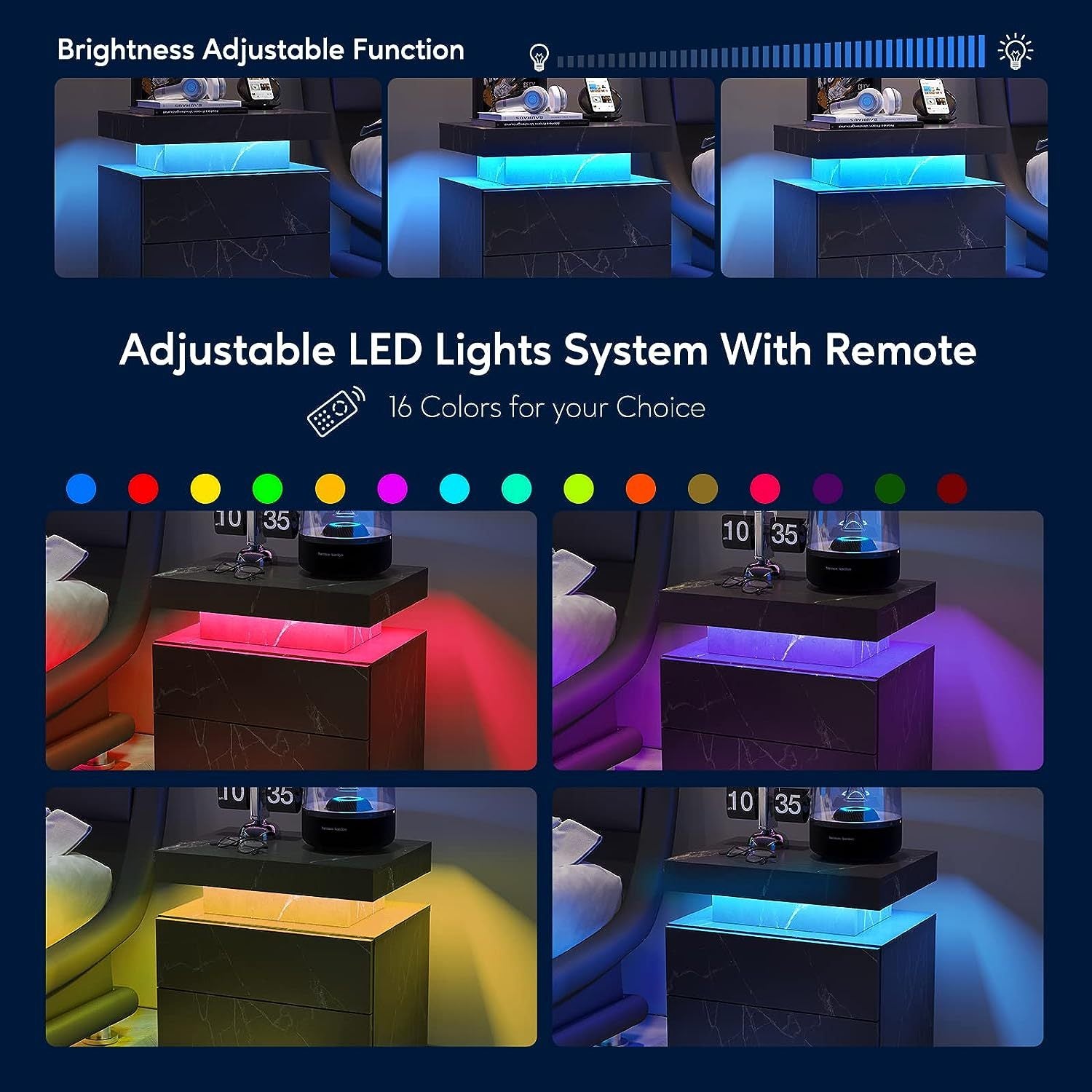 Nightstand LED Bedside Table Cabinet Lights Modern End Side with 2 Drawers for Bedroom (Black Gold) - Abrihome