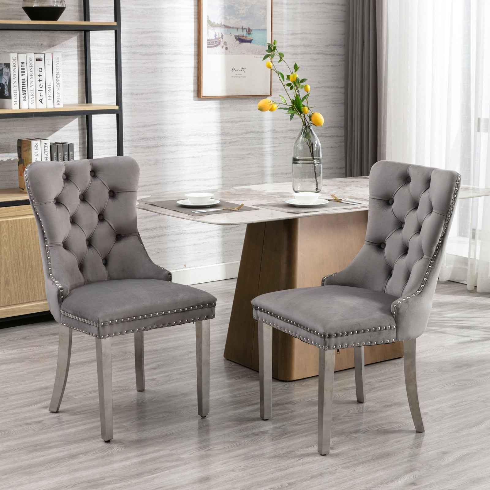 A&A Furniture,Nikki Collection Modern, High-end Tufted Solid Wood Contemporary Velvet Upholstered Dining Chair with Chrome Stainless Steel Plating Legs,Nailhead Trim,Set of 2,Gray and Chrome, SW1701GY