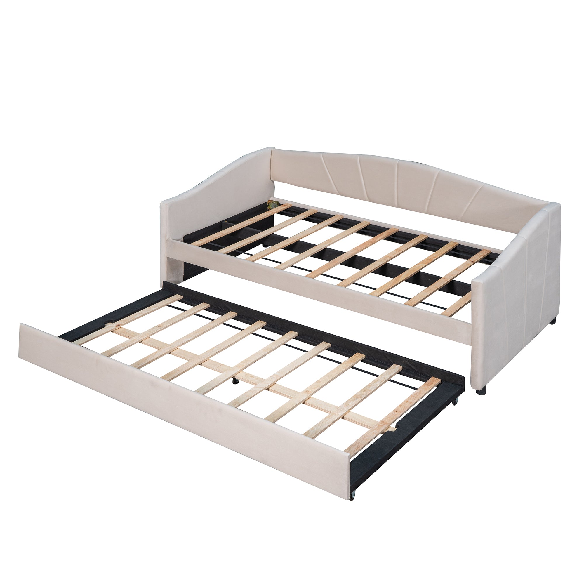 Upholstered Daybed Sofa Bed Twin Size With Trundle Bed and Wood Slat ,Beige - Abrihome