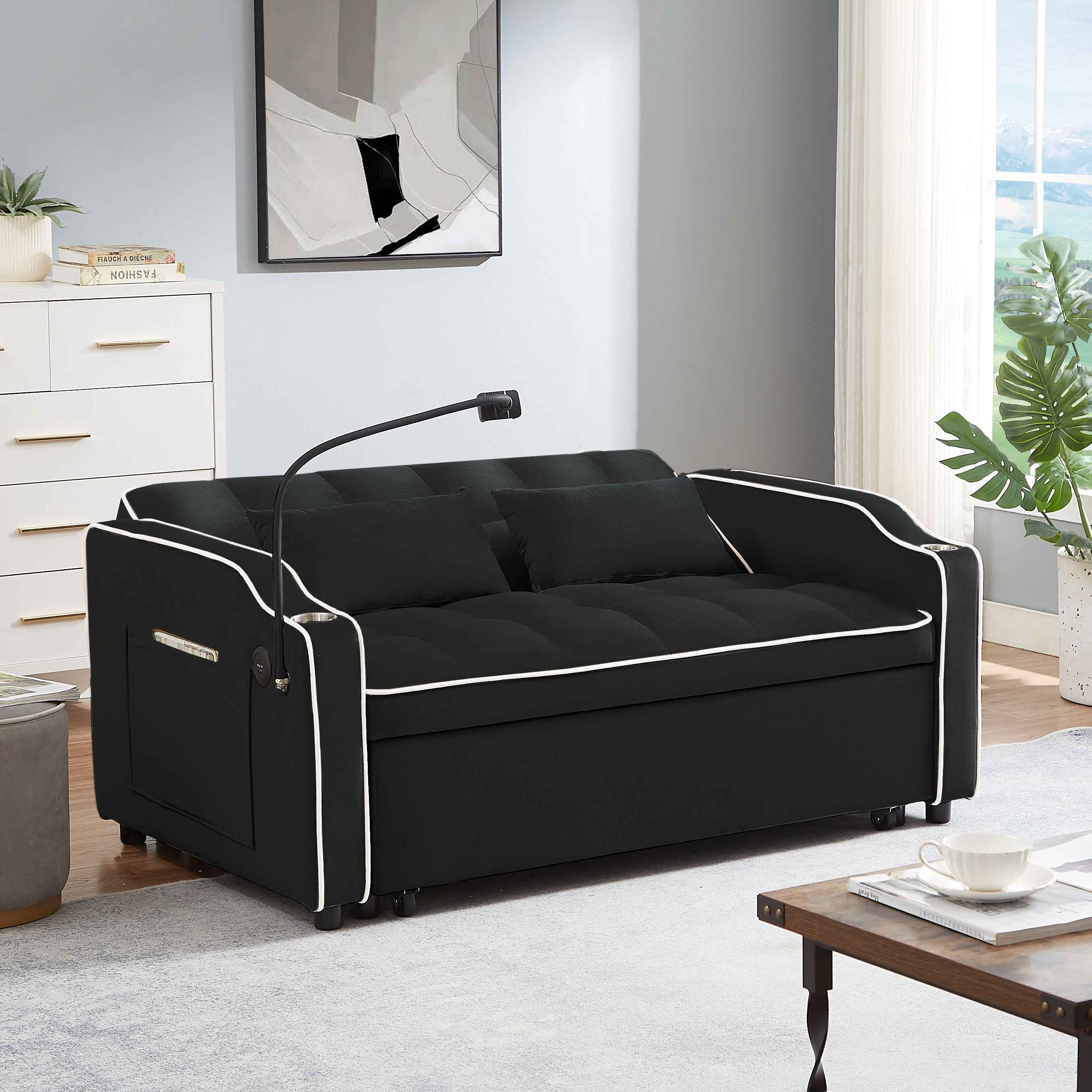 1 versatile foldable sofa bed in 3 lengths, modern sofa sofa sofa velvet pull-out bed, adjustable back and with USB port and ashtray and swivel phone stand (black)
