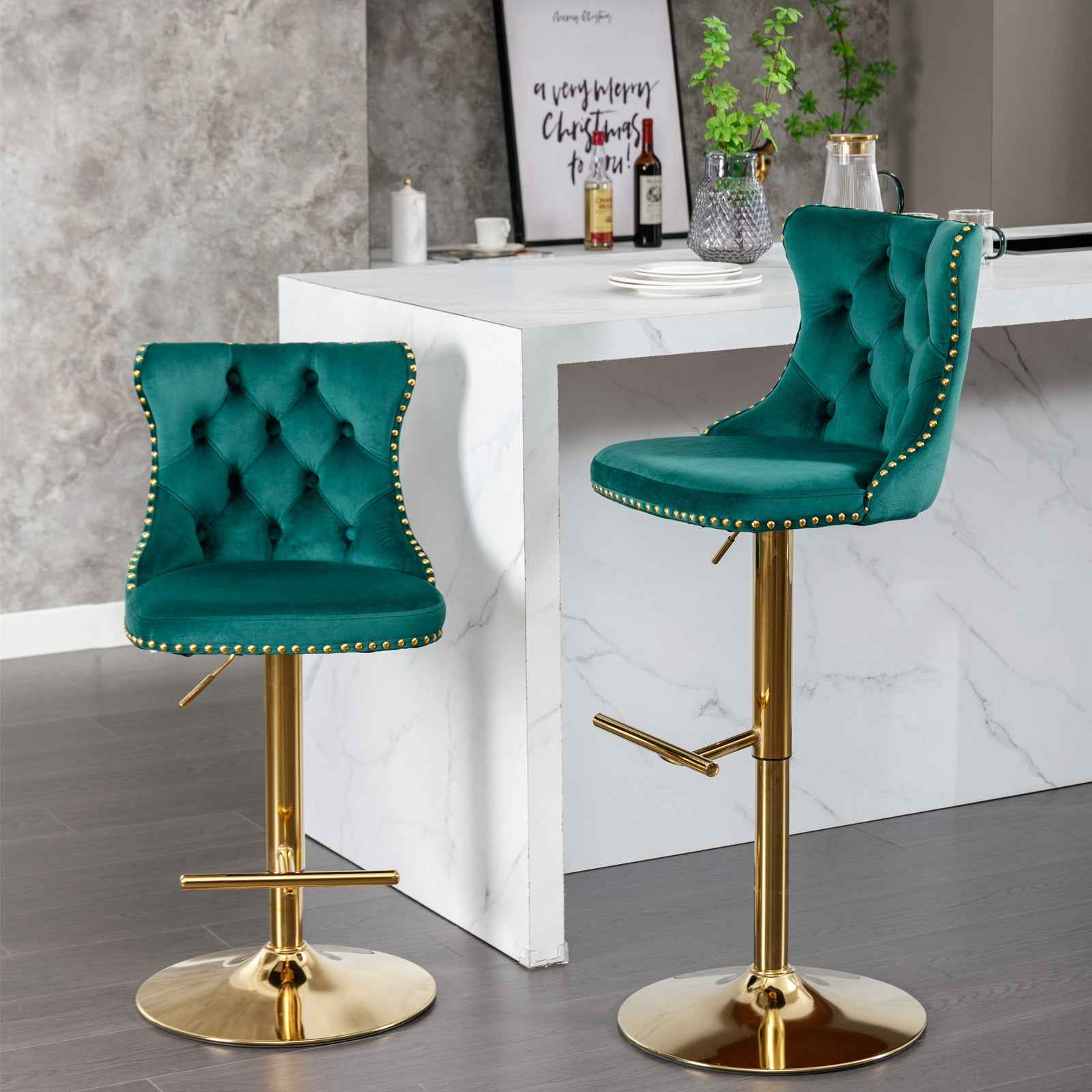 A&A Furniture,Golden Swivel Velvet Barstools Adjusatble Seat Height from 25-33 Inch, Modern Upholstered Bar Stools with Backs Comfortable Tufted for Home Pub and Kitchen Island(Green,Set of 2)