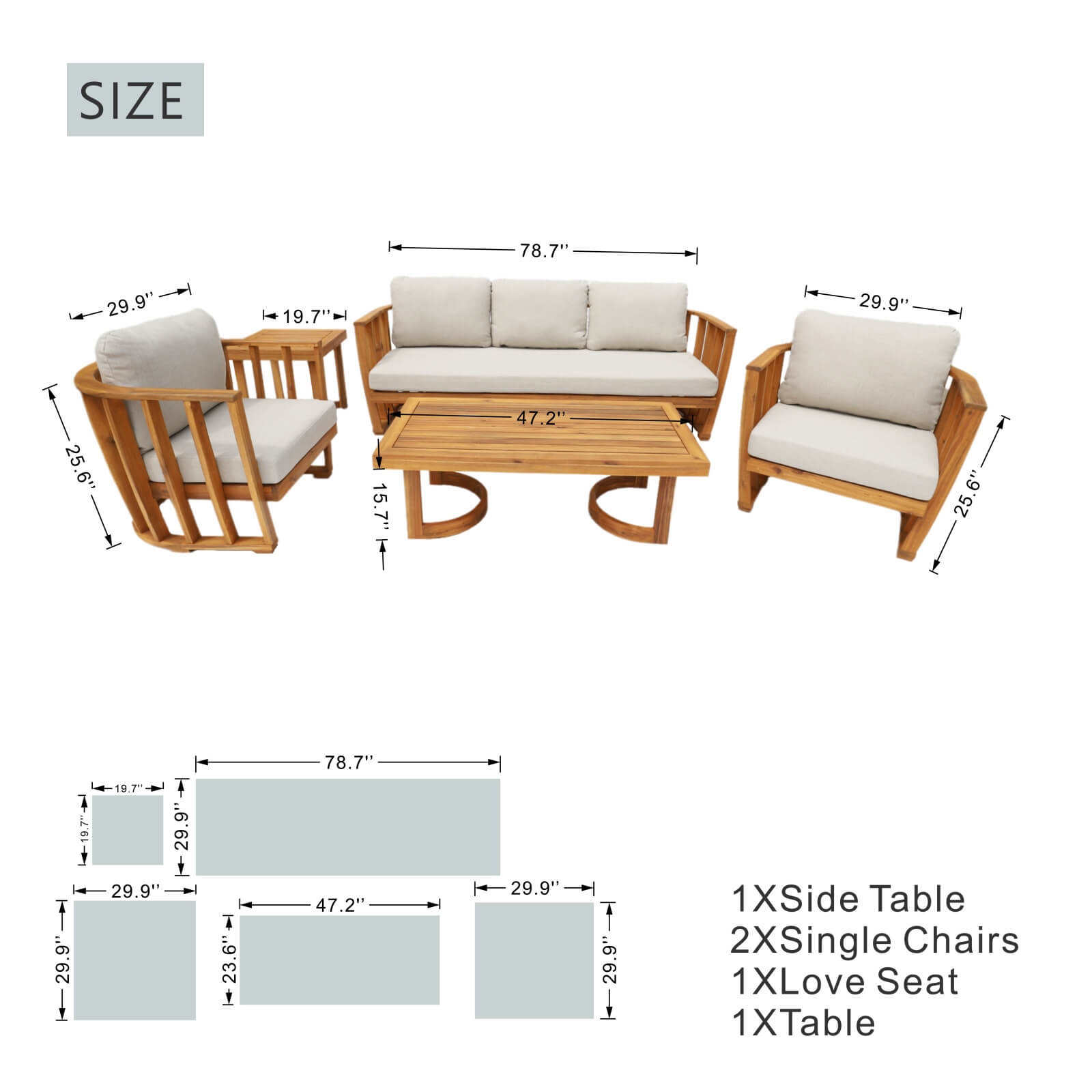 Elegant 5-Piece Acacia Wood Outdoor Sofa Set with Plush Cushions(PAS-2521-19F-3SS+SS*2+TA+ST) - Abrihome
