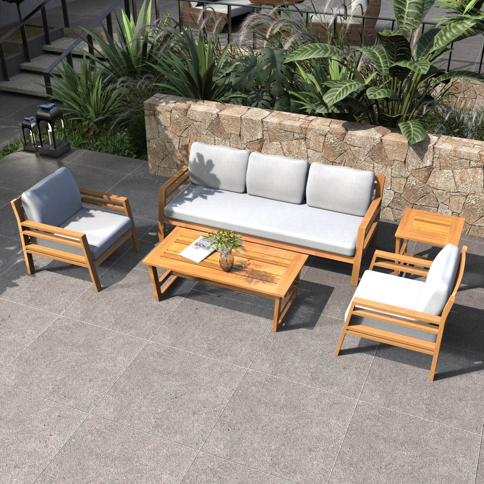 Elegant 5-Piece Acacia Wood Patio Set with Luxurious Cushions(PAS-2520-19F-3SS+SS*2+TA+ST)