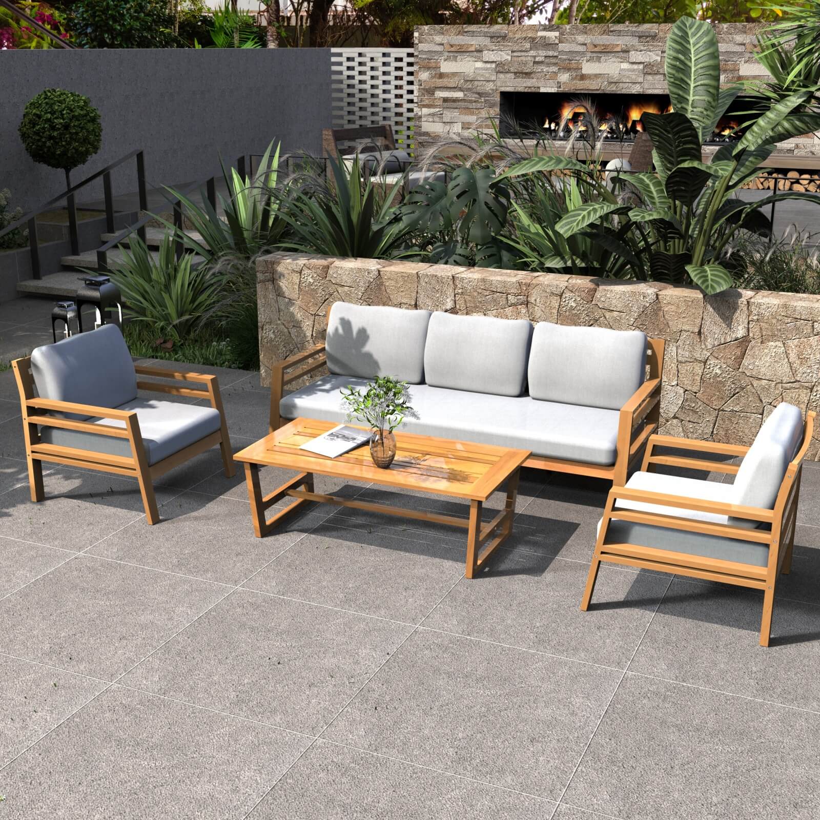 Luxury 4-Piece Acacia Wood Outdoor Sofa Set with Cushions(PAS-2520-19F-3SS+SS*2+TA) - Abrihome