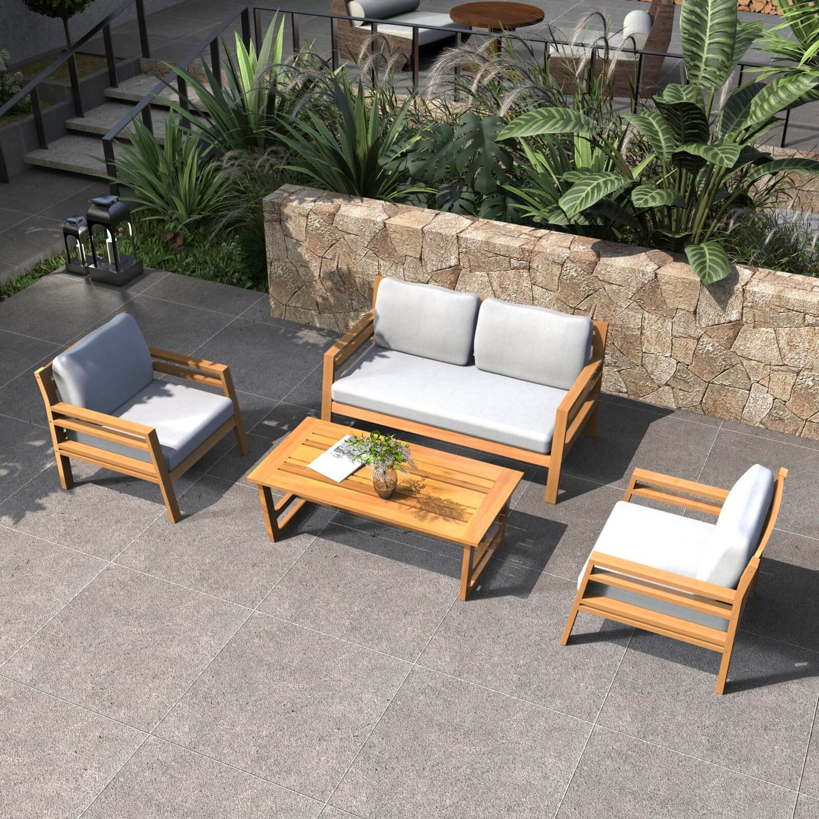 Acacia Wood 4-Piece Patio Set with Cushions(PAS-2520-19F-2SS+SS*2+TA)