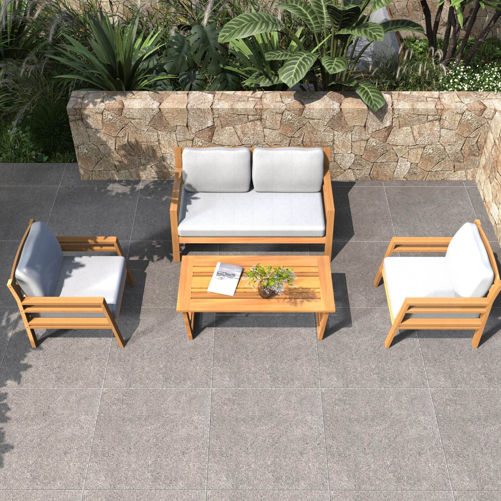 Acacia Wood 4-Piece Patio Set with Cushions(PAS-2520-19F-2SS+SS*2+TA) - Abrihome