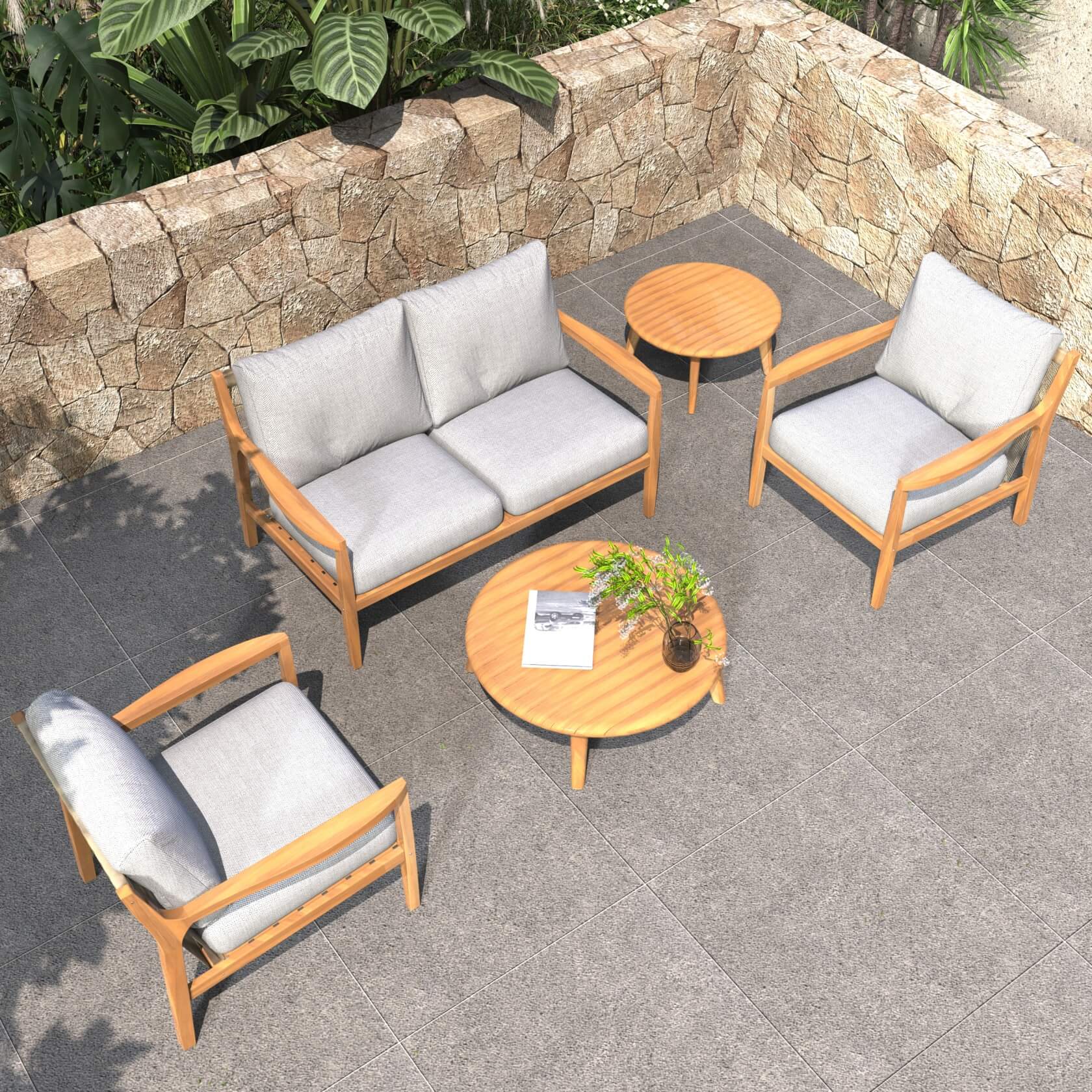 5-Piece Solid Acacia Wood Outdoor Sofa Set(PAS-2513-2SC+SC*2+TA+ST) - Abrihome