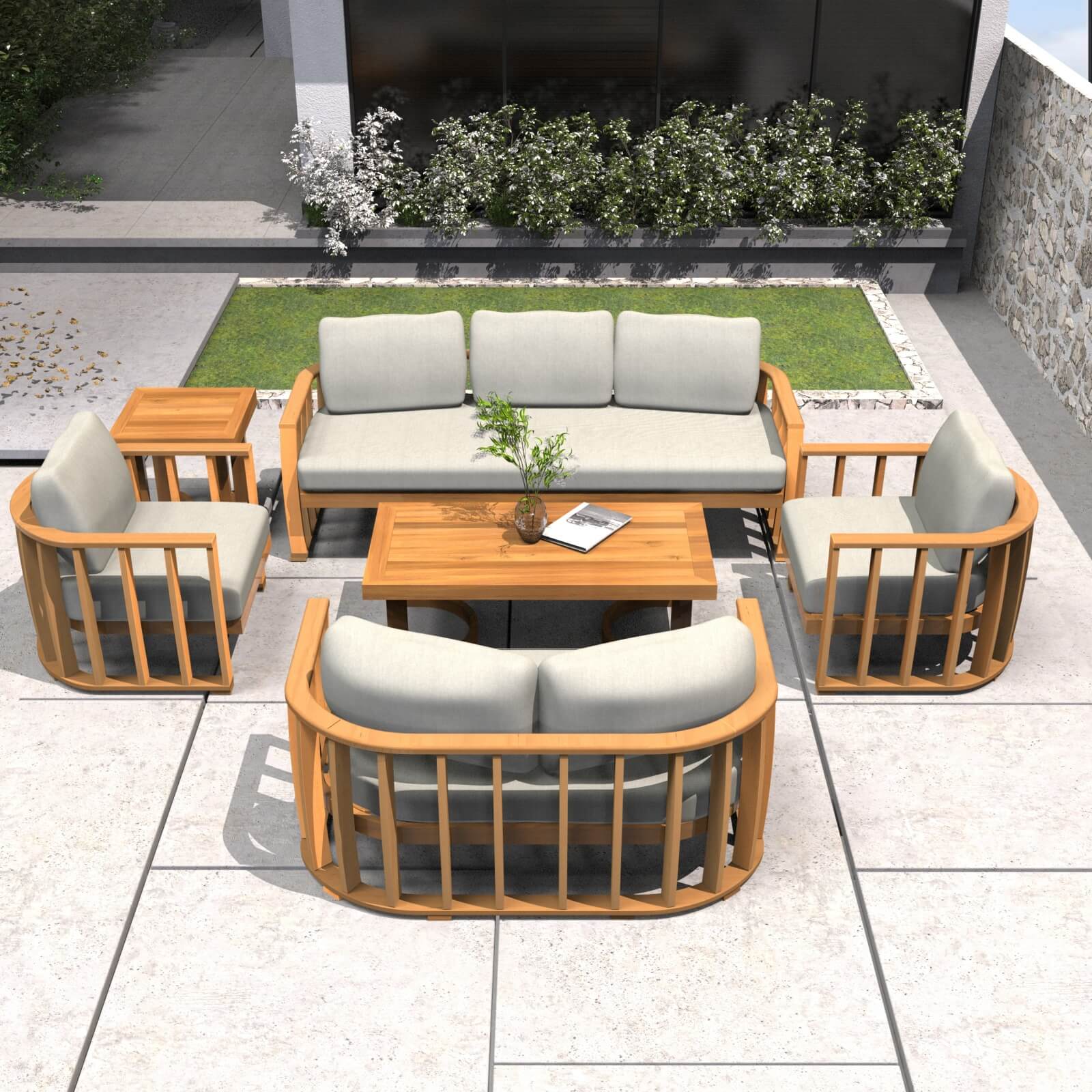 6-Piece Acacia Wood Outdoor Sofa Set with Plush Cushions (PAS-2521-19F-3SS+2SS+SS*2+TA+ST) - Abrihome