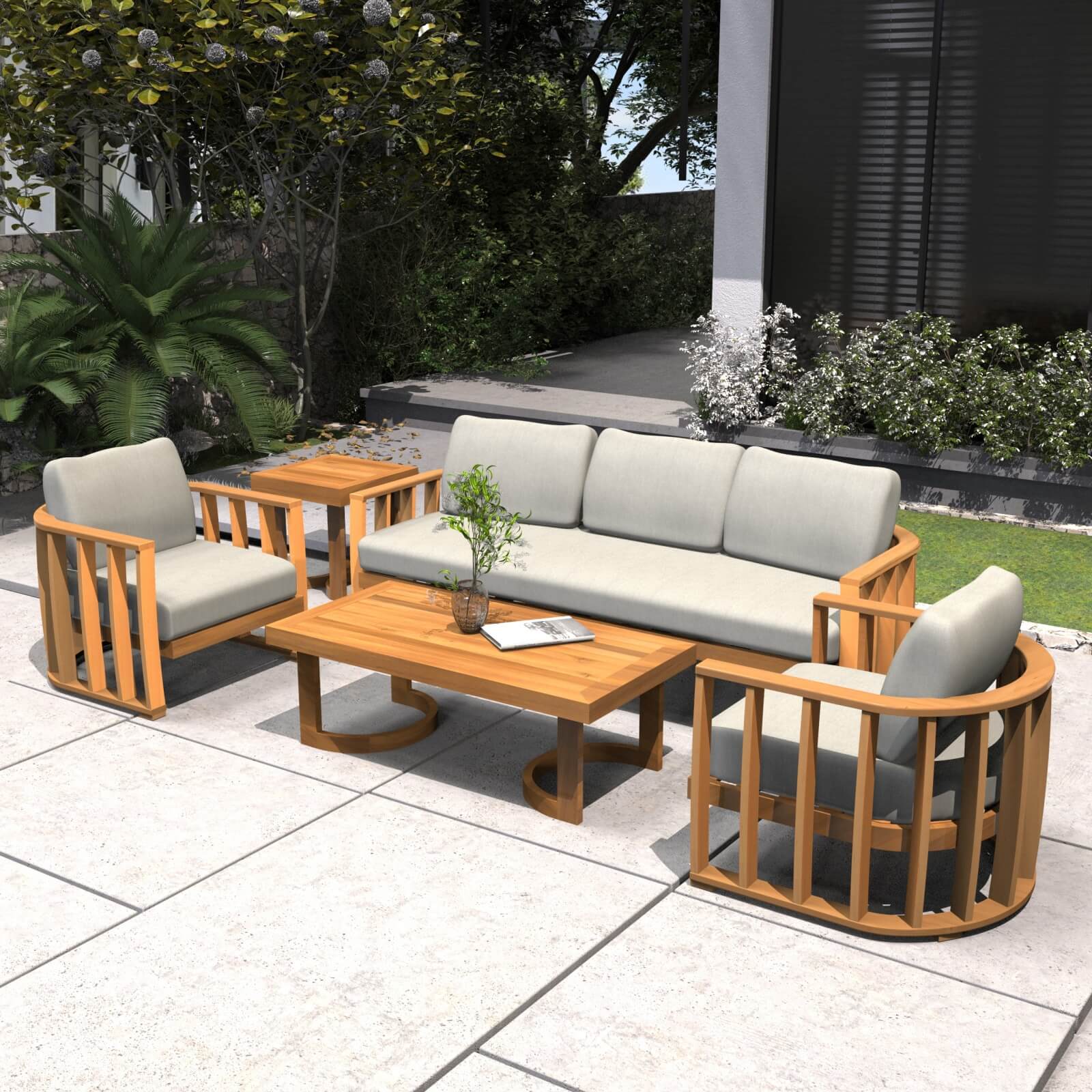 Elegant 5-Piece Acacia Wood Outdoor Sofa Set with Plush Cushions(PAS-2521-19F-3SS+SS*2+TA+ST) - Abrihome