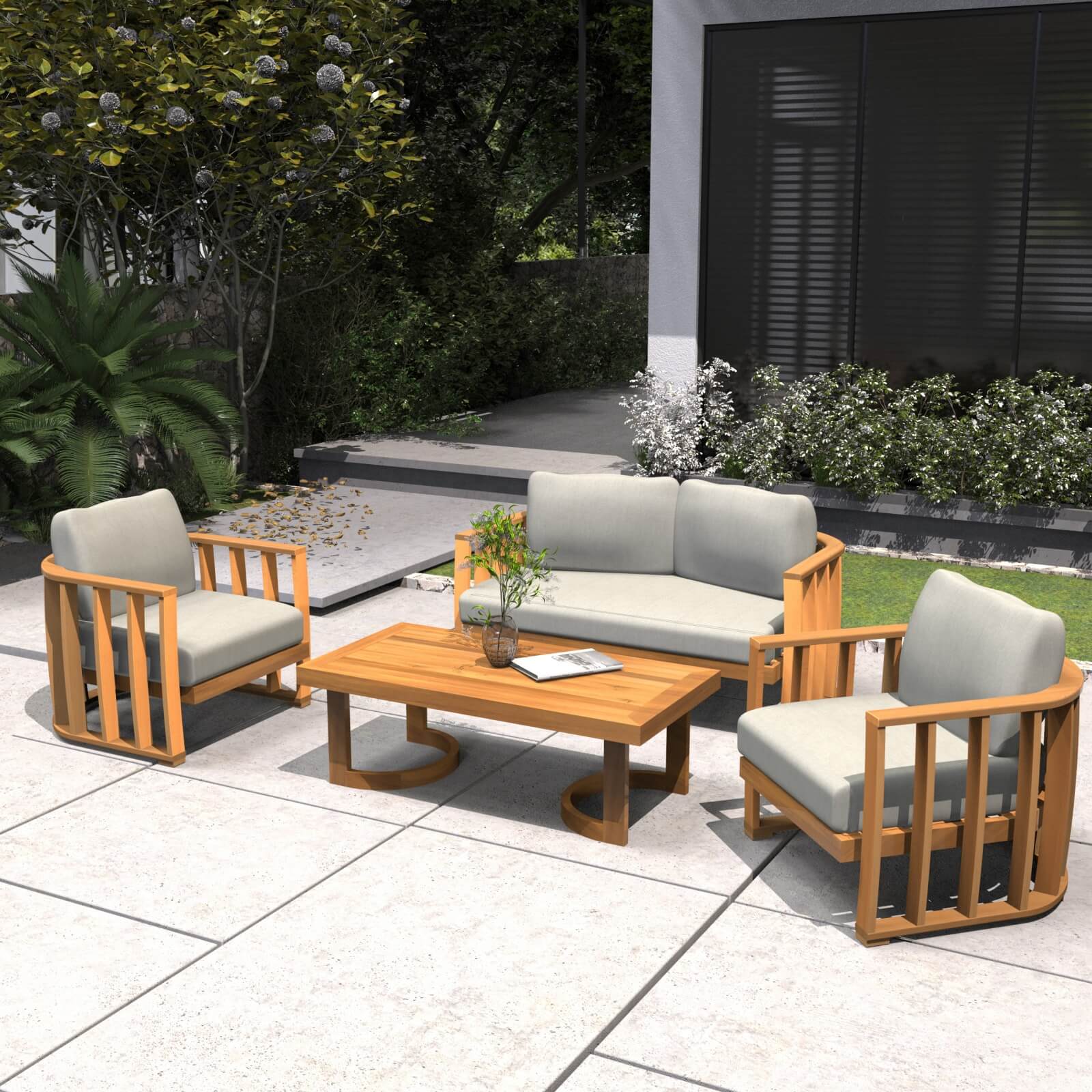 Stylish 4-Piece Acacia Wood Outdoor Sofa Set with Cushions(PAS-2521-19F-2SS+SS*2+TA)