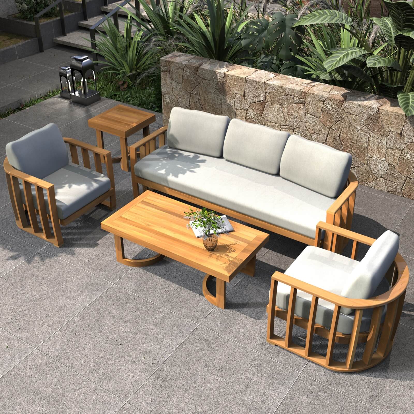 Elegant 5-Piece Acacia Wood Outdoor Sofa Set with Plush Cushions(PAS-2521-19F-3SS+SS*2+TA+ST) - Abrihome