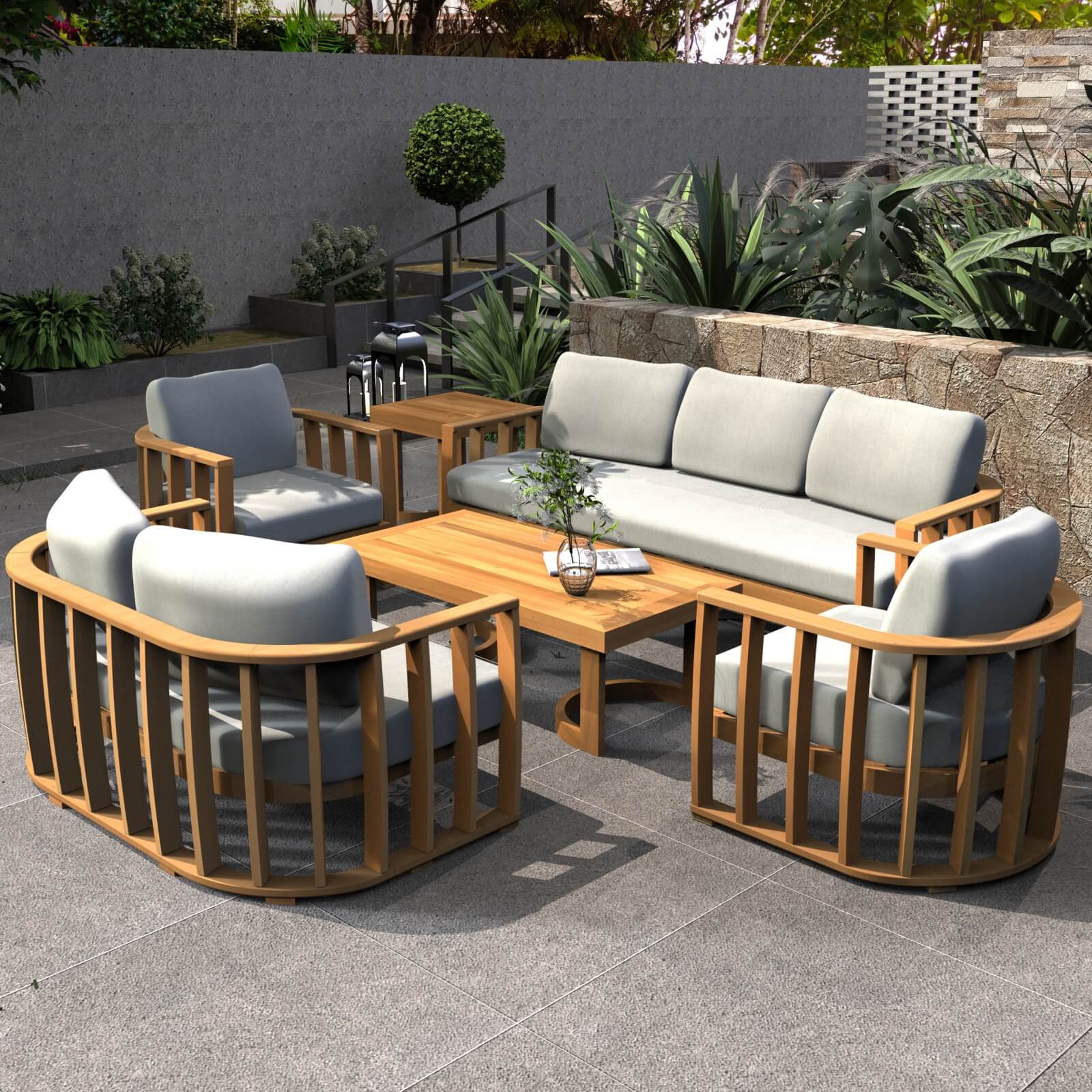 6-Piece Acacia Wood Outdoor Sofa Set with Plush Cushions (PAS-2521-19F-3SS+2SS+SS*2+TA+ST) - Abrihome