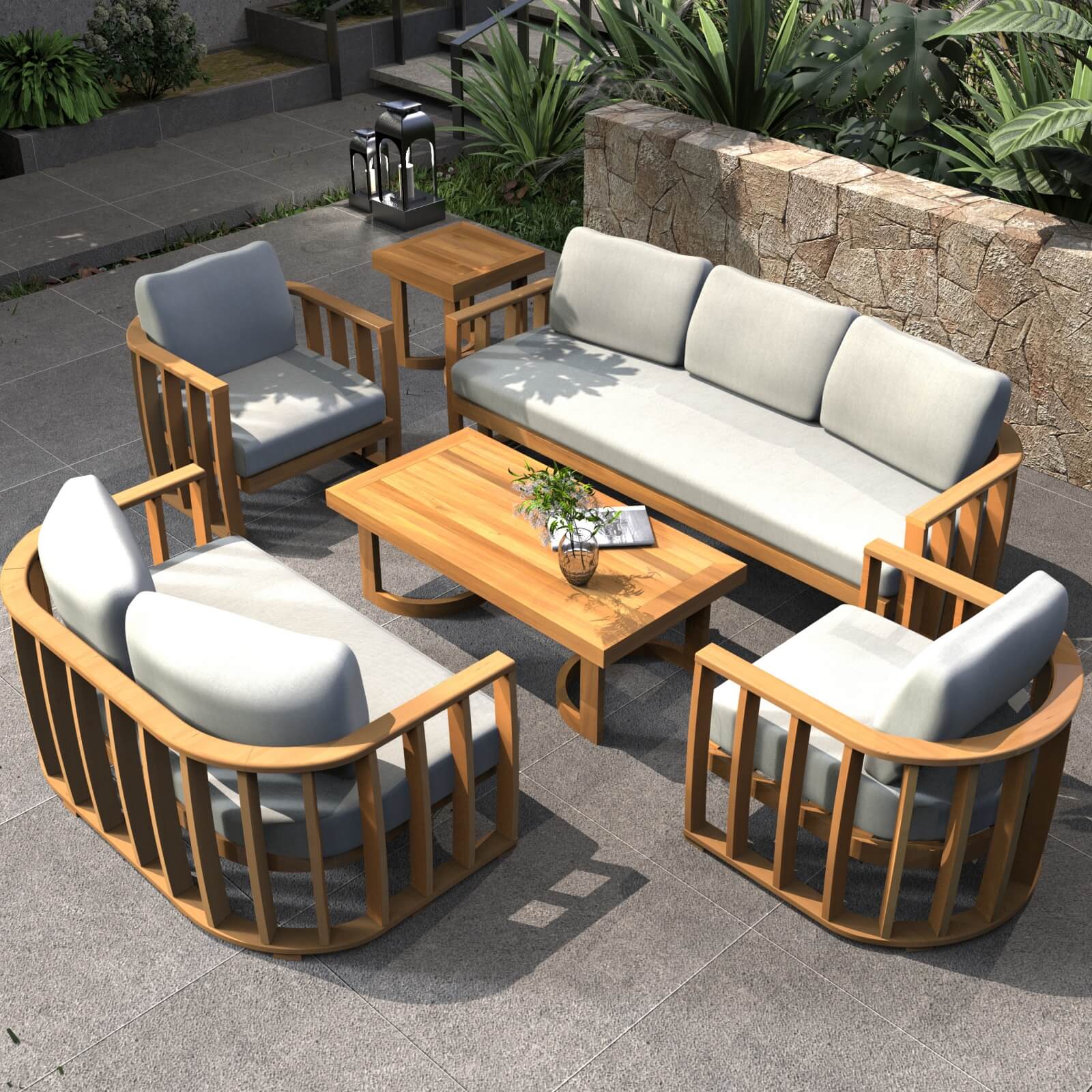 6-Piece Acacia Wood Outdoor Sofa Set with Plush Cushions (PAS-2521-19F-3SS+2SS+SS*2+TA+ST) - Abrihome