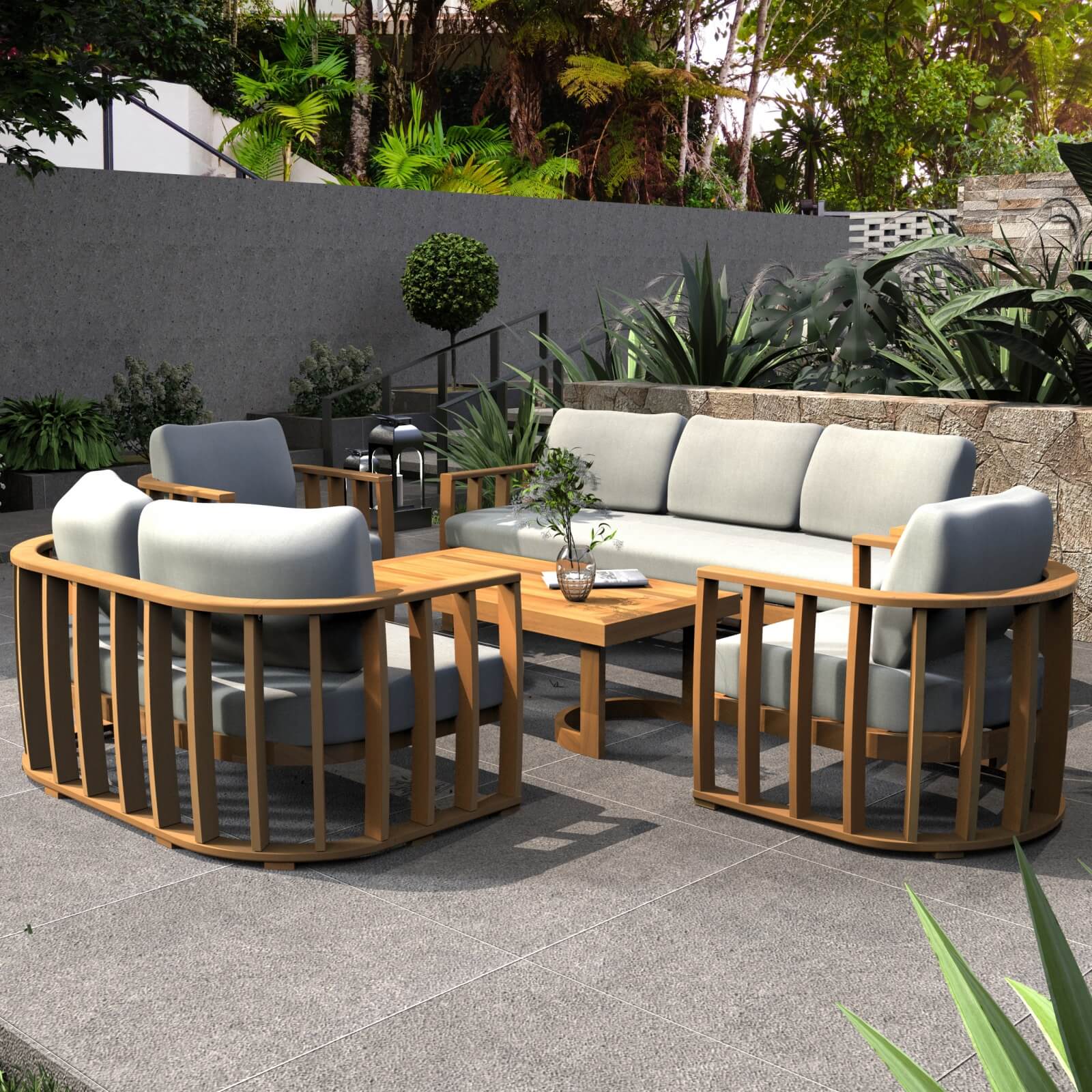 5-Piece Acacia Wood Outdoor Sofa Set with Cushions(PAS-2521-19F-3SS+2SS+SS*2+TA) - Abrihome